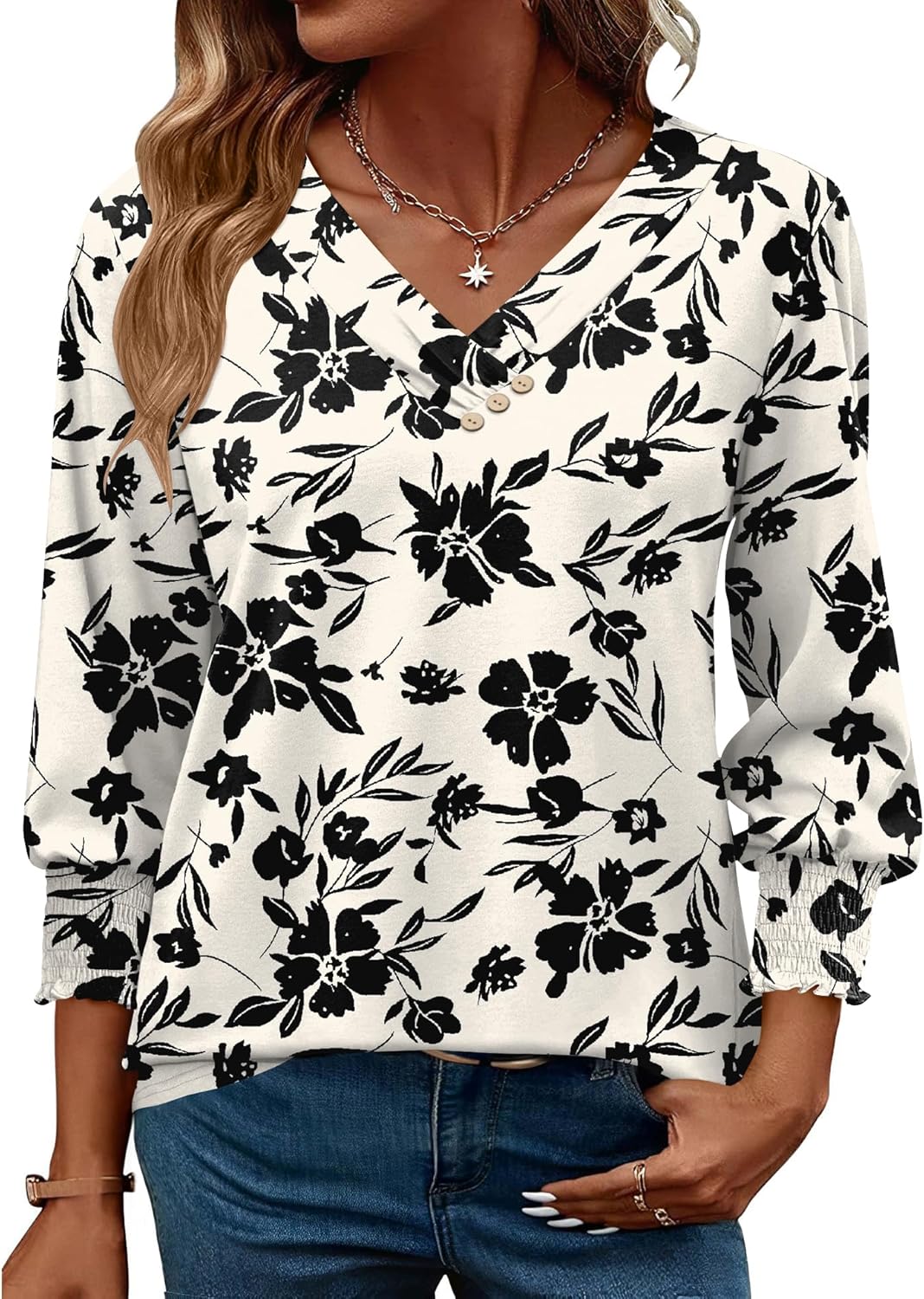 LOMON Blouses for Women Dressy Casual 3/4 Length Sleeve Womens Tops with Buttons Decor - Image 2