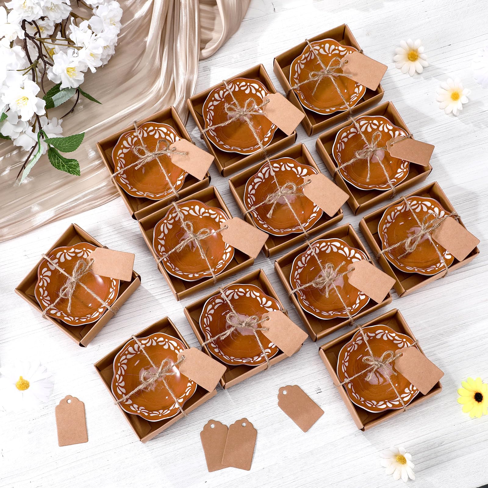SiliFine 12 Pcs Ceramic Pinch Bowl 3.3 Inch Cielito Lindo Party Favors for Guests Small Mexicanos Ceramic Dipping Bowls Bulk Gifts with Cards for Party Shower Favor (Floar,Brown)