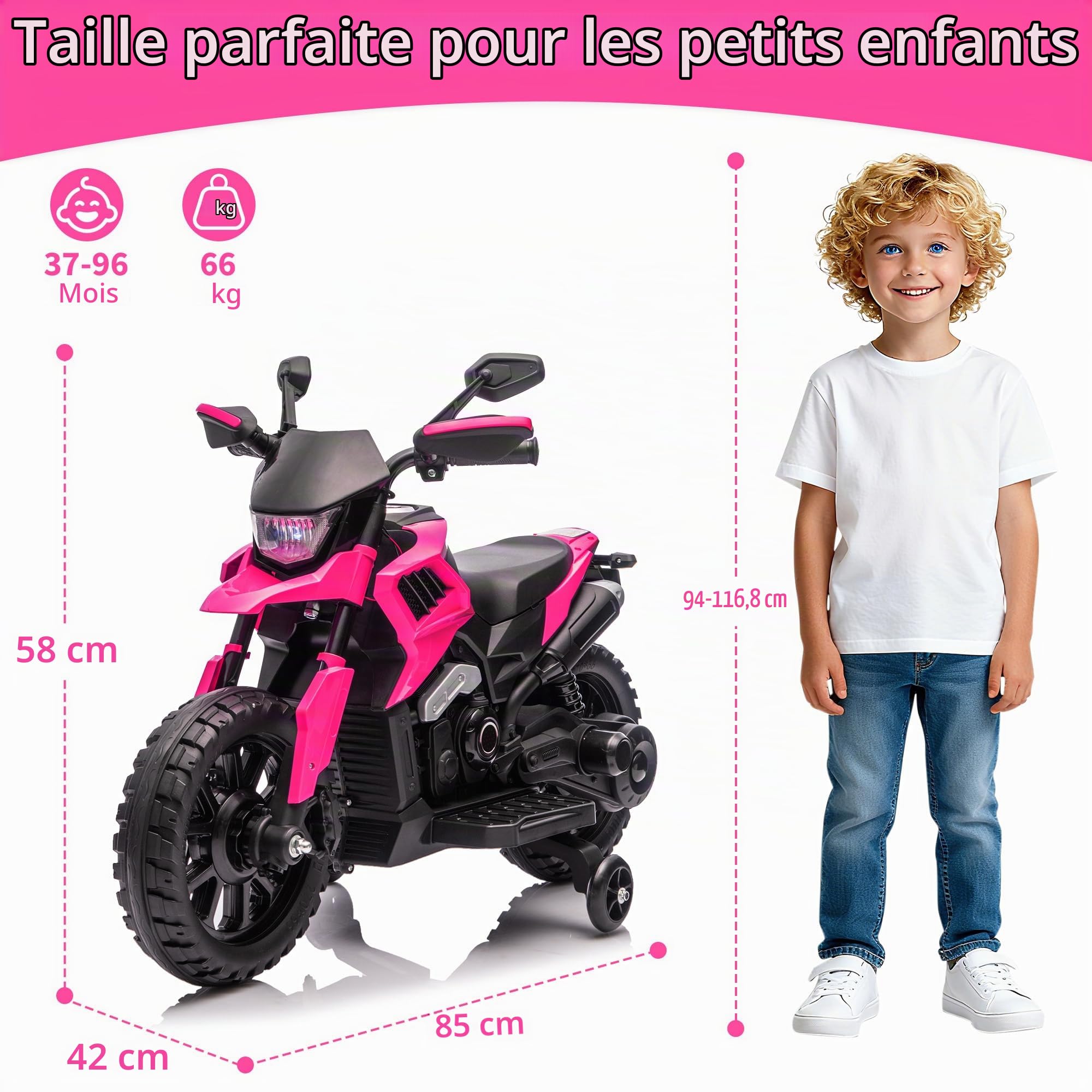Moto Électrique Enfant 6V avec Roues Stabilisation, Moto Enfant Électrique avec 3 Vitesses Réglables, Véhicule Électrique Enfant Jusqu'à 6 Km/h, Batterie Rechargeable