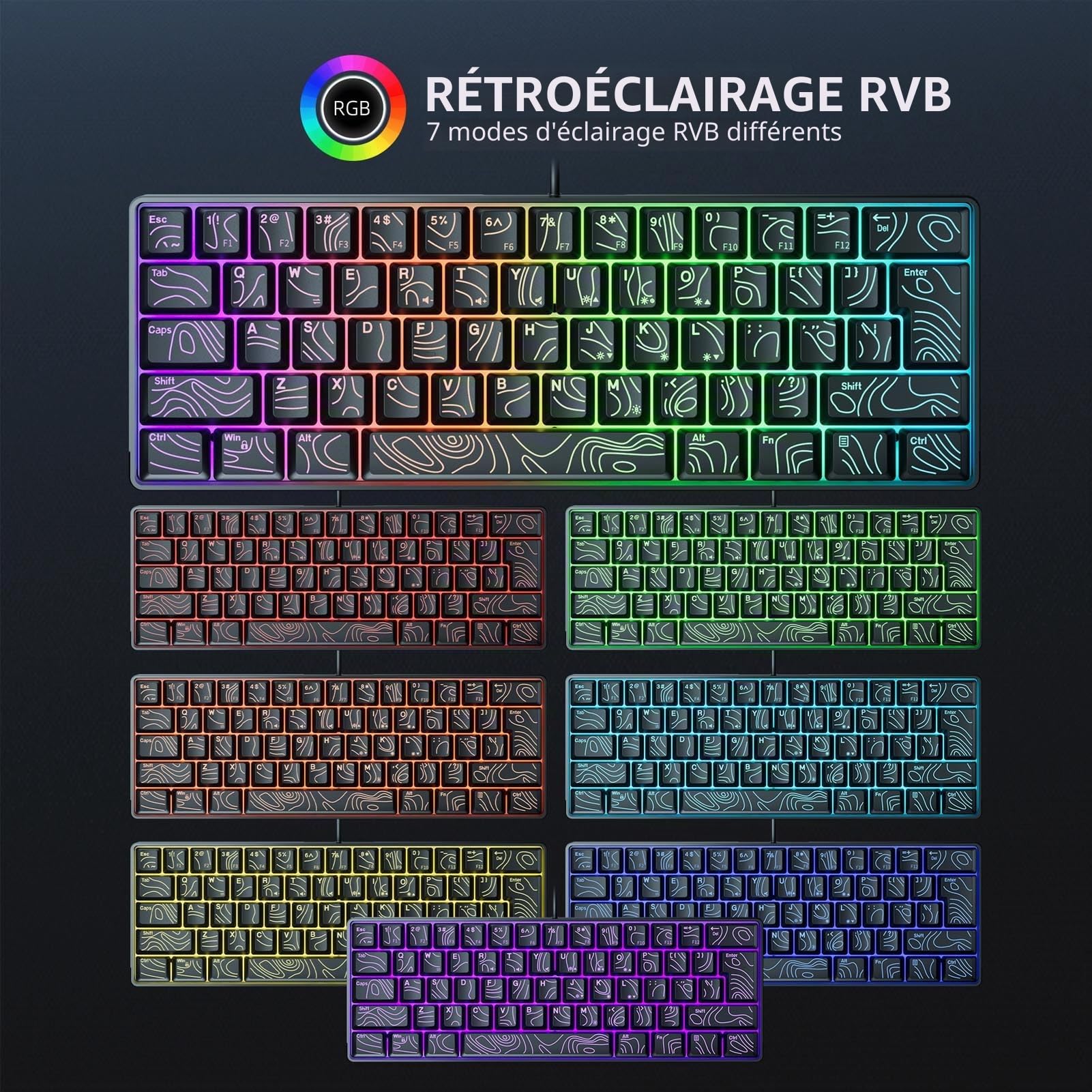 Clavier USB câblé, Rétro-éclairément RV, Mise en Page Compacte 61 de la Touche, N Key Rollover Contour Keycaps, Light Up Computer Keyboard pour Le Jeu de Bureau