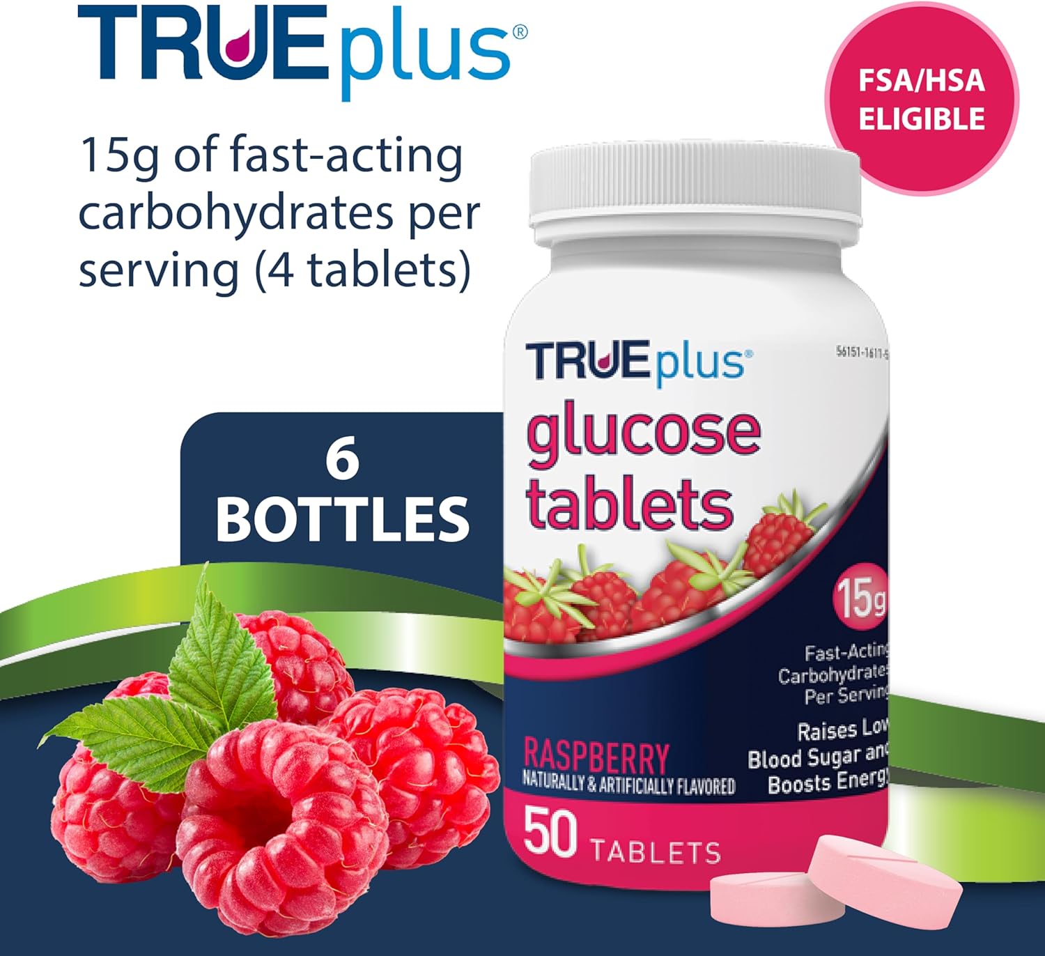 TRUEplus Glucose Tablets, Chewable, Raspberry Flavor, 15g Fast-Acting Carbohydrates, Fat Free, Gluten Free, Boost Energy, 50 Count, 6 Bottles