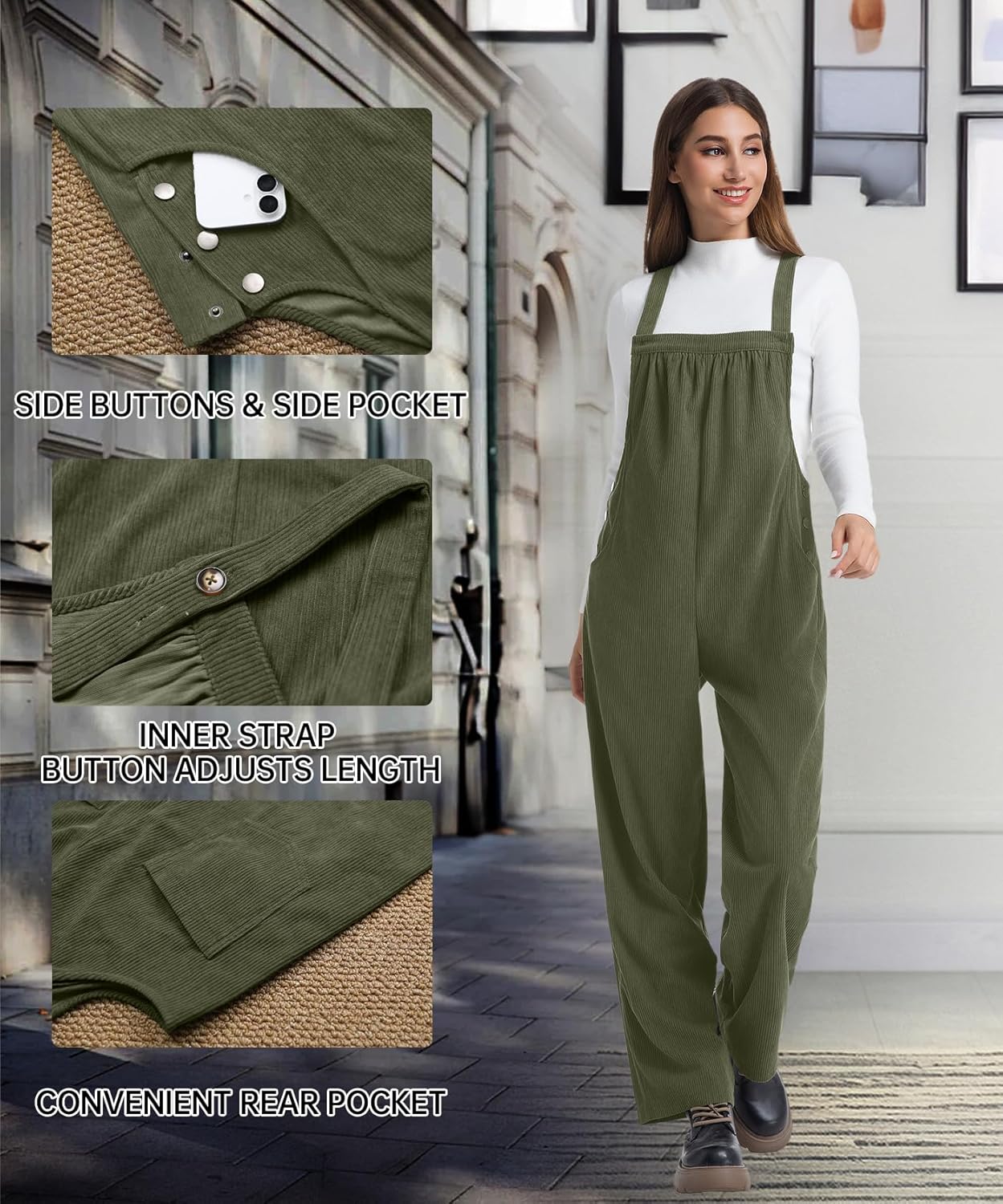Jumpsuits for Women Casual Corduroy Overalls Adjustable Straps Wide Leg Rompers Sleeveless Jumpsuit with Pocket - Image 4