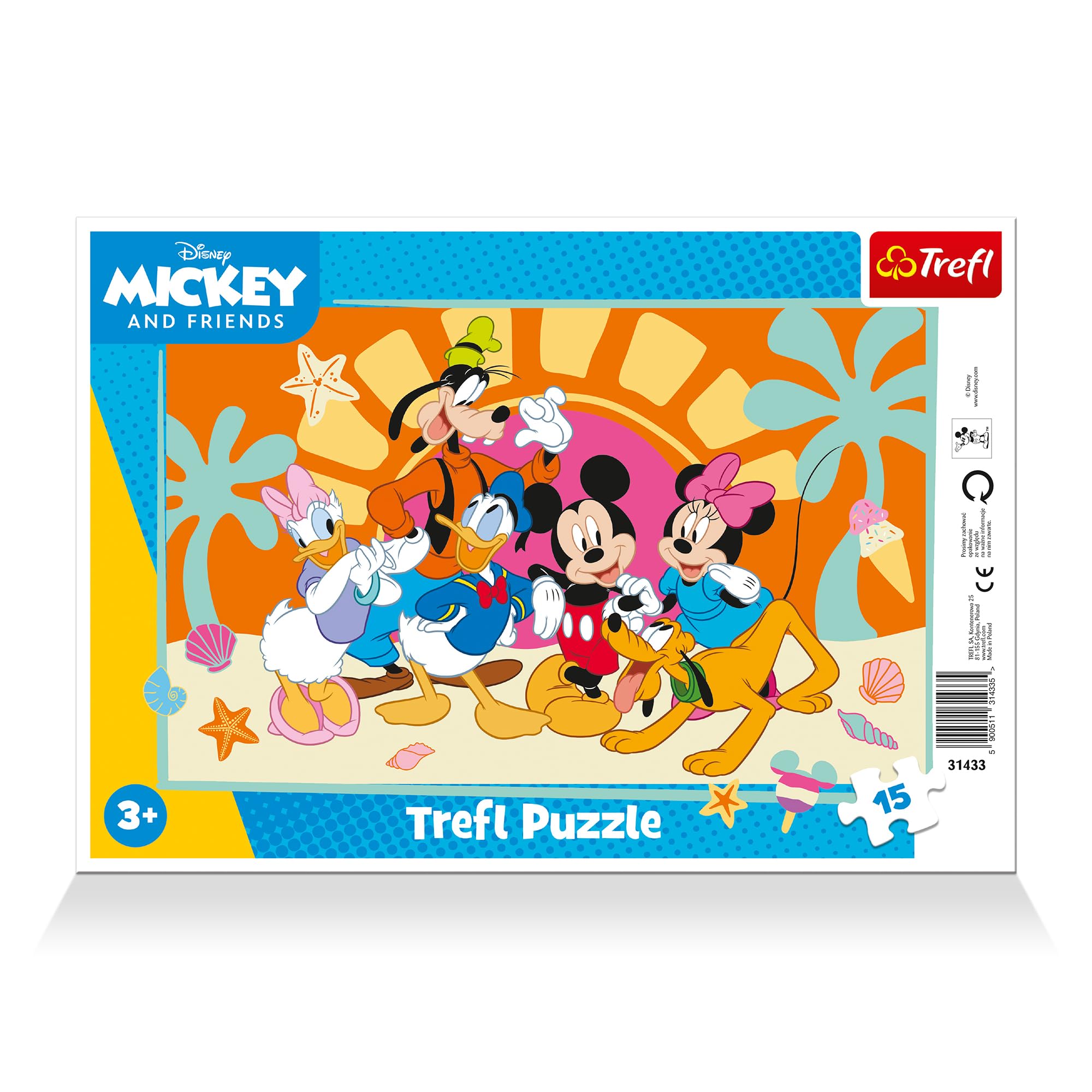 Trefl - Mickey Mouse and Friends, Ciekawski Miki - Puzzle Ramkowe dla Maluchów, 15 Dużych Elementów, Ramka i Sztywna Podkładka, dla Dzieci od 3 lat