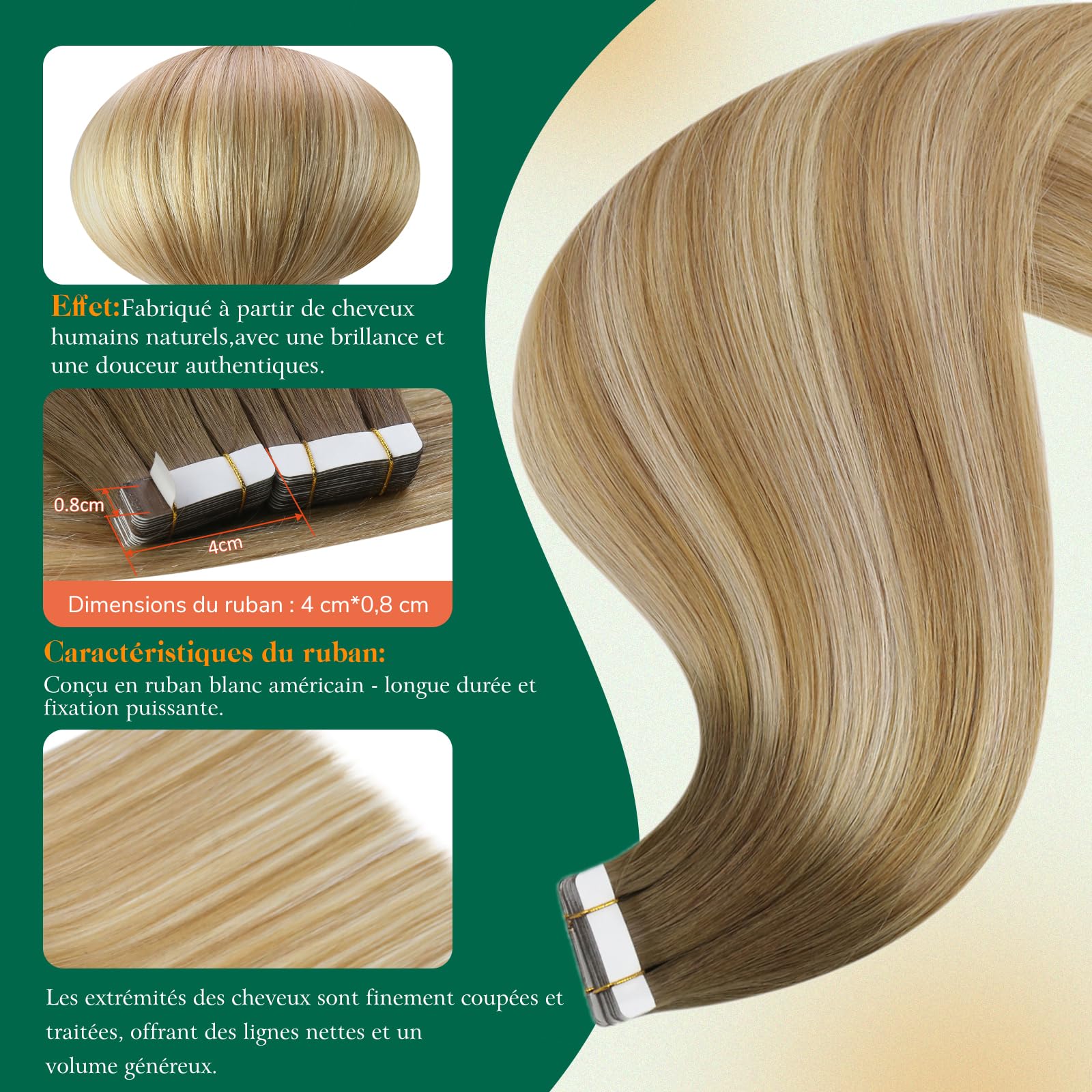 Kit Easyouth Extension Cheveux Naturel Adhesif Invisible et Extension Keratine Cheveux 2pack de 62760&16P22 Longueurs 16pouces (total 90g) Extensions à Bandes en Cheveux Humains - Résultat Naturel
