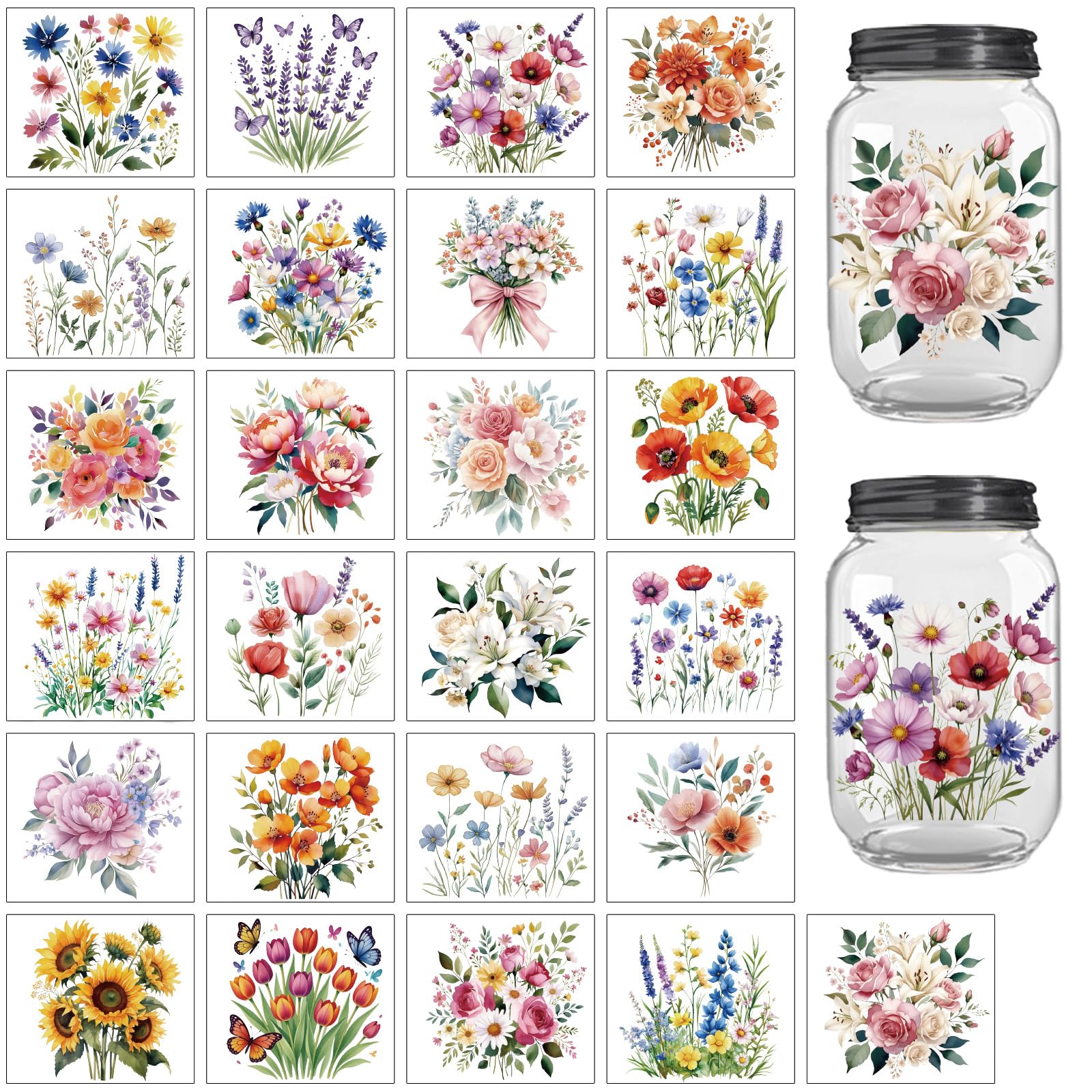 Peacoblue 25Pcs Wildflowers Bouquet Silhouette Cutouts Stickers for Crafts, Silhouette Stickers Decals for Jars Mason Can Glass Wall Window Lantern Christmas Room Door Office Home DIY Crafts