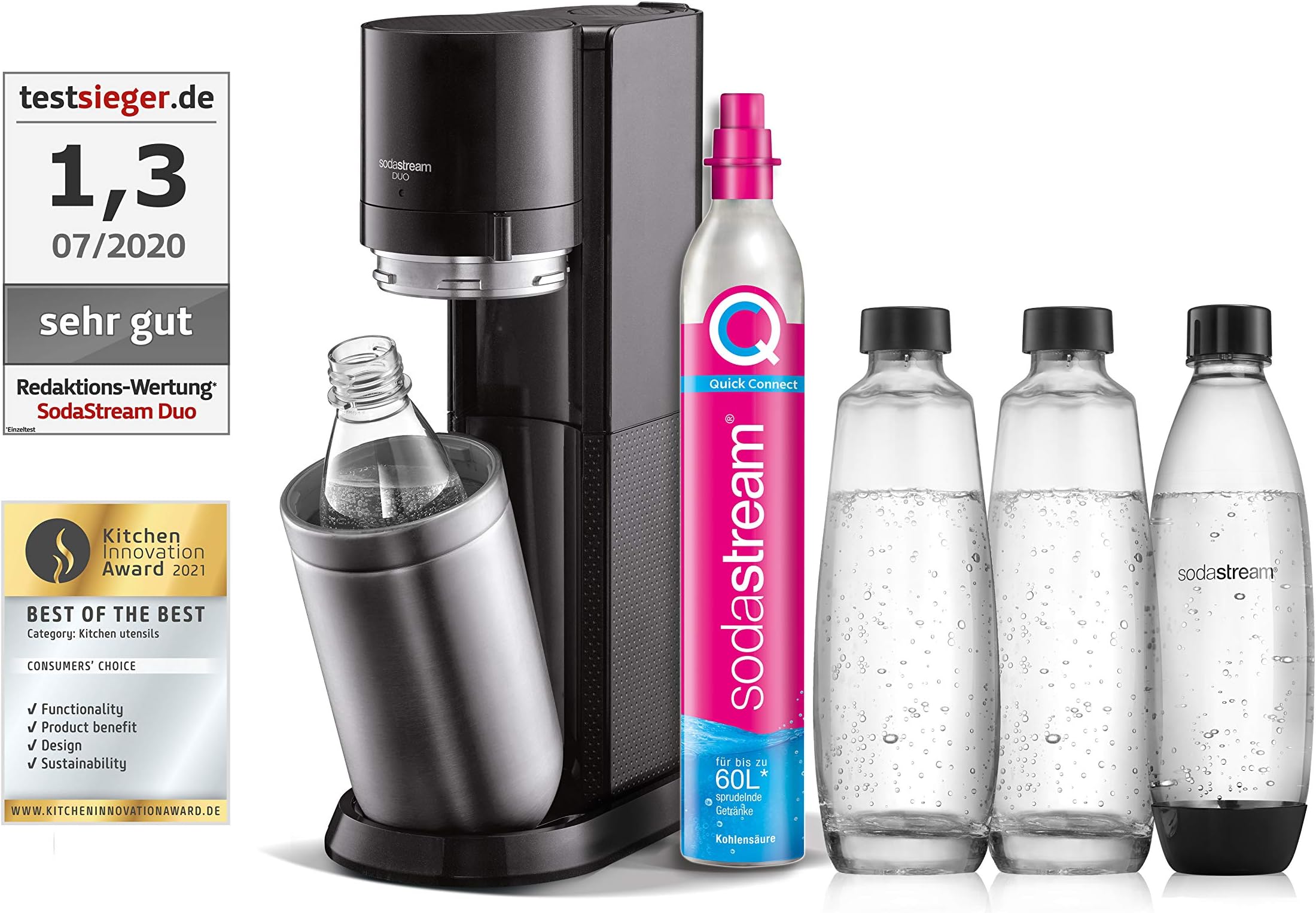 SodaStream Duo Water carbonator with CO2 Cylinder, Glass 2 x 1 Litre Dishwasher-Safe Plastic Bottle, Height: 44 cm, Colour: Titanium, Polyethylene Terephthalate (PET), 29x25.6x44.4