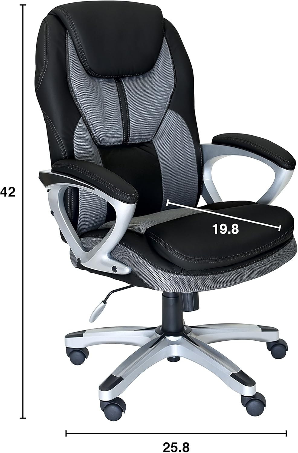 Dimensions of the Serta office chair, showing height 42 inches, seat width 19.8 inches, and base width 25.8 inches.