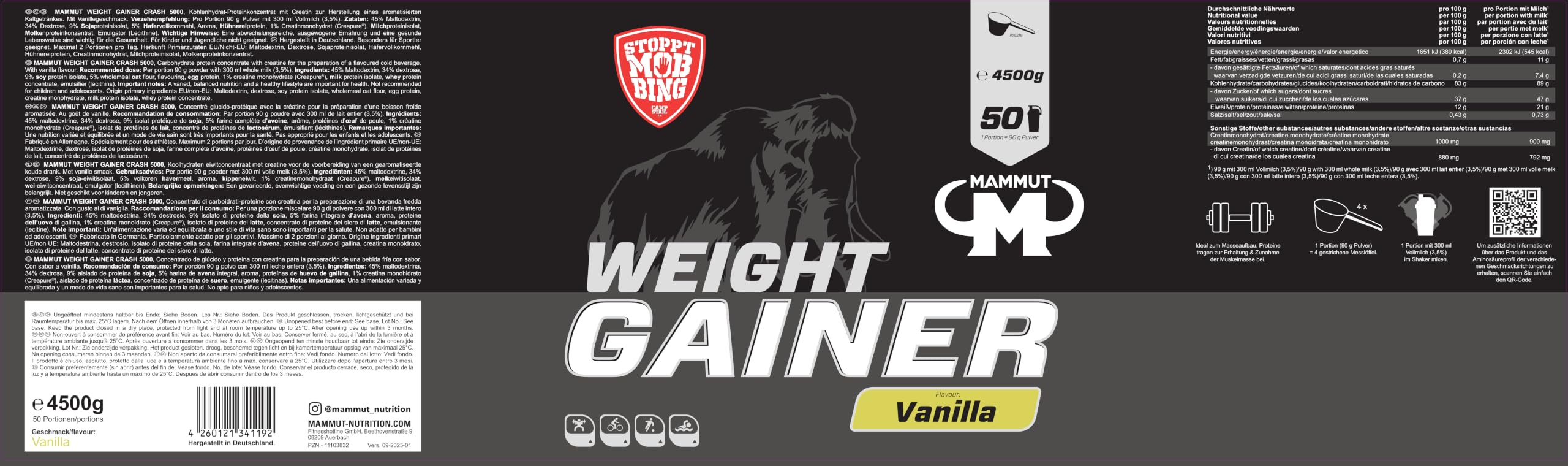 Mammut Nutrition – Crash 5000 Weight Gainer 4,5 kg Vanille – Mass Gainer 80% glucides dextrose maltodextrine – 4 protéines + créatine – 518 kcal par portion – Prise de masse musculaire