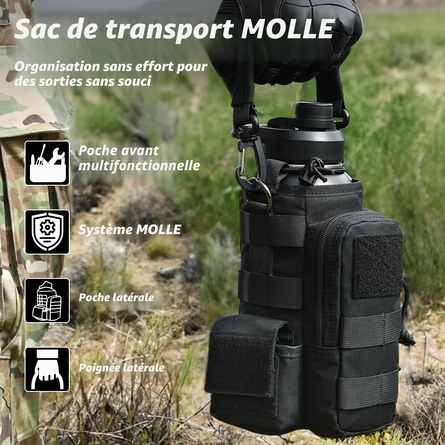 Bouteille d'eau tactique en acier inoxydable - Bouteille isotherme pour l'extérieur, la randonnée, le camping, la chasse - 32 oz - Noir