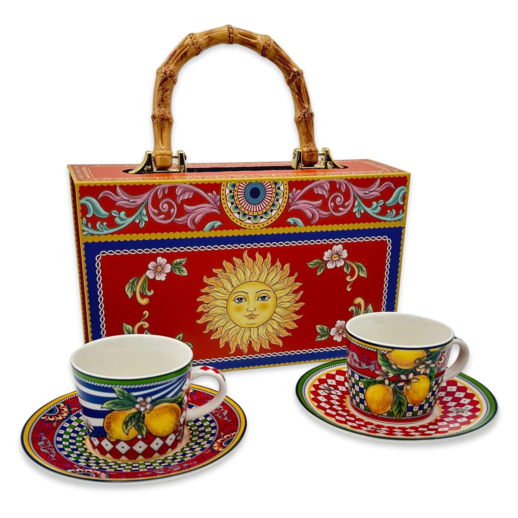 DIVINA Ceramica Box Set Caffè Amalfi, 2 Tazzine con Piattino, Design Rosso con Motivi Floreali e Agrumi - SF174