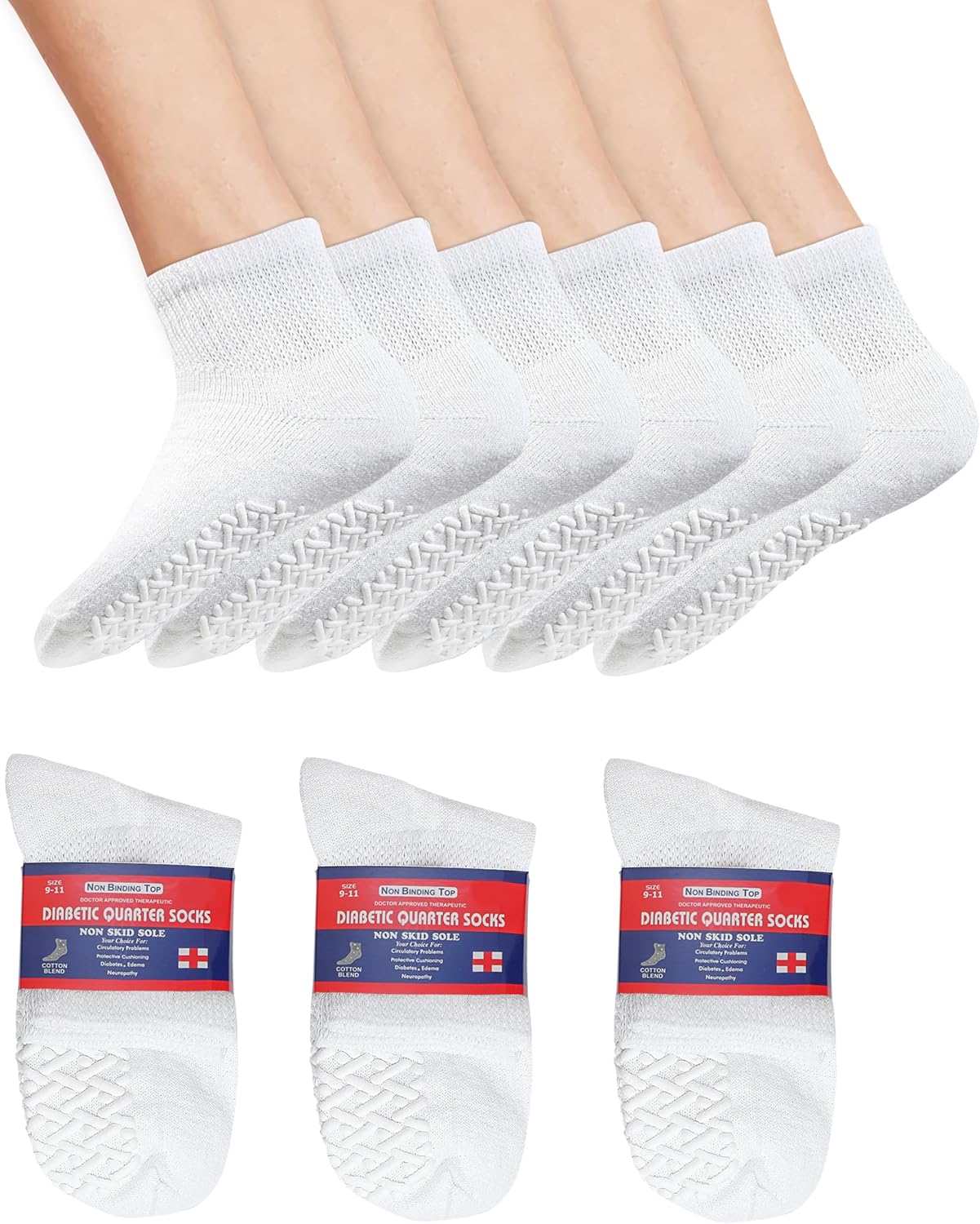 Diamond Star Diabetic Socks for Men & Women, Cushioned Cotton Quarter Socks, Non-Binding Loose Top, Therapeutic Gripper Socks