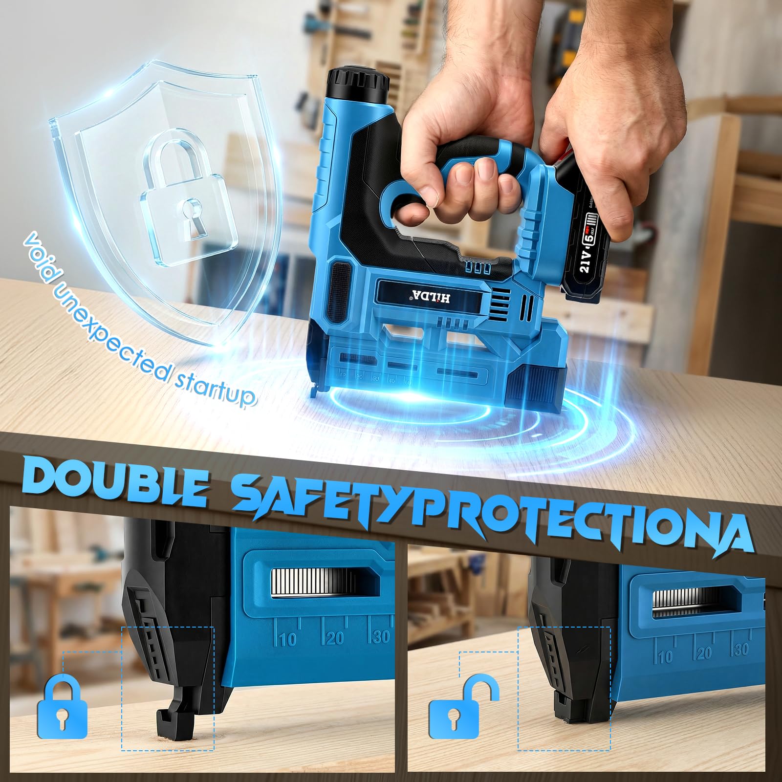 Set de clavadora inalámbrica, pistola de clavos eléctrica 18GA con 2 baterías de 2,0 Ah y 1000 clavos/grapas, grapadora eléctrica 2 en 1, profundidad de clavado ajustable para trabajo con madera y