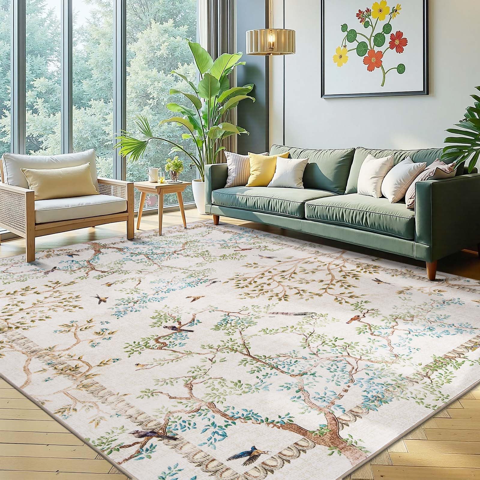 jinchan Yarden Botanical Birds 8x10 Ivory Area Rugs for Living Room Washable Non Slip Soft Nature Plants Modern Kids Carpet Vintage Ultra Thin Low