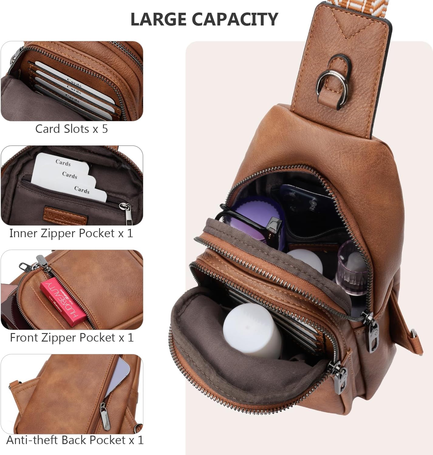 Anti-theft Chest Bags for Women, Crossbody Sling Bag Daypack Backpack, PU Leather Small Fanny Pack with Adjustable Strap, Brown