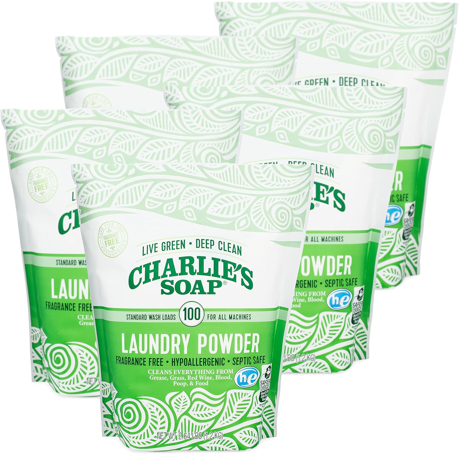 Charlie's Soap - Fragrance Free Laundry Powder - 100 Loads (Five 100-load Bags, 500 Total Loads)