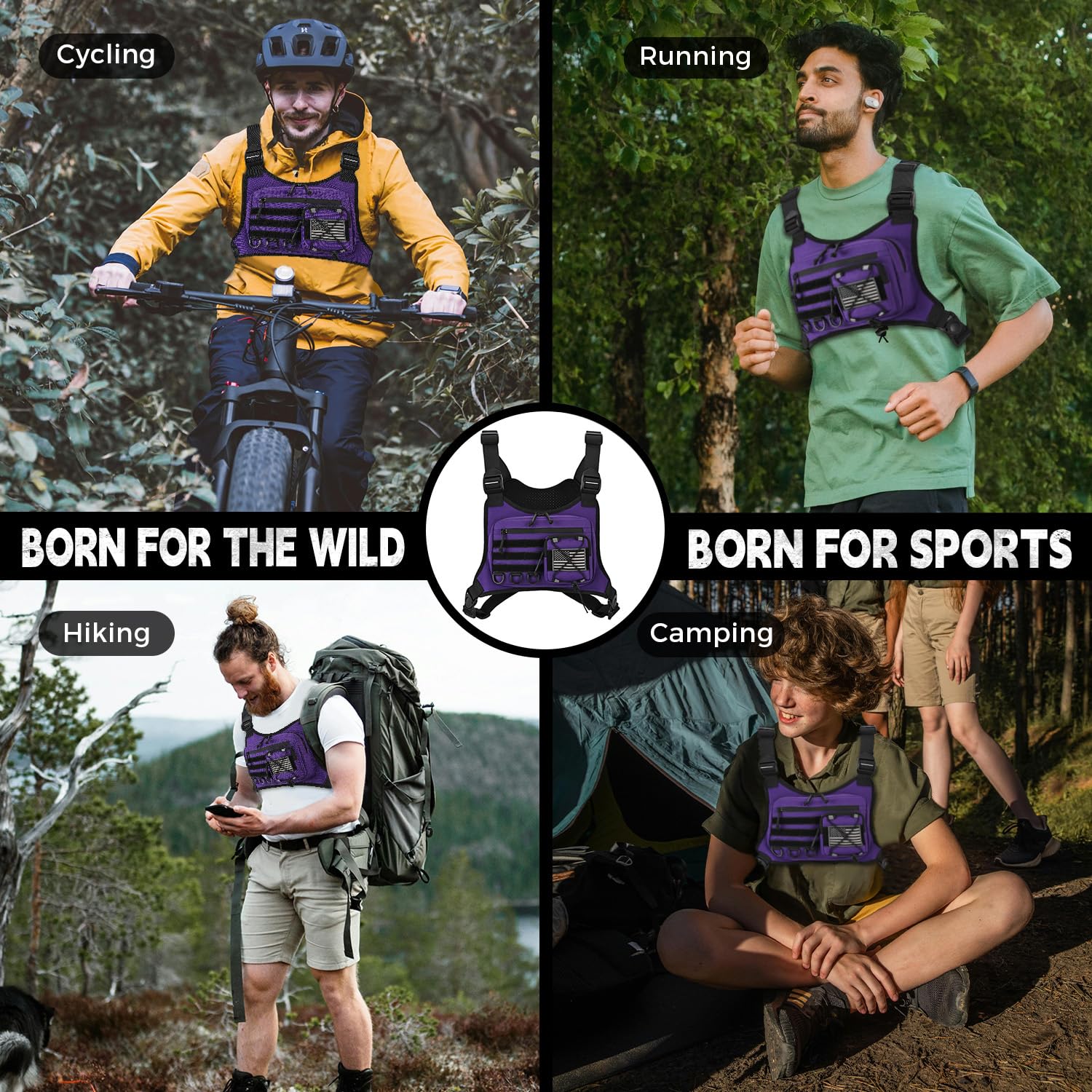 Outdoor Sport Brusttasche für Herren, Brustwestenholster passend für die meisten Pistolen, EDC Travel Chest Pack für Laufen, Wandern (lila)