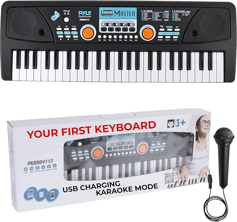 Teclado de piano eléctrico Pyle de 49 teclas: teclado de música digital portátil con pad de batería, micrófono, modo de grabación y reproducción para principiantes y niños