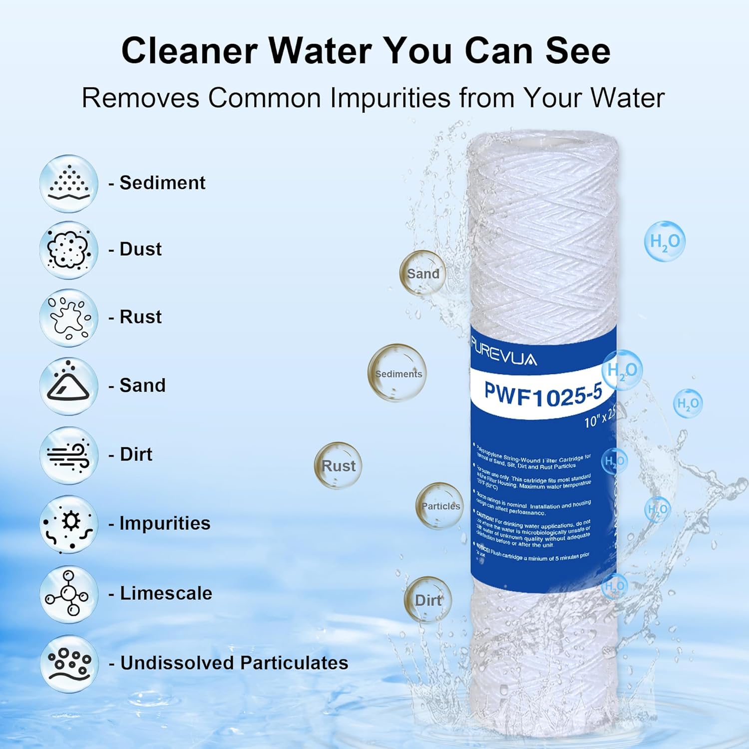 5 Micron 10"x2.5" String Wound Sediment Filter, Whole House Water Filter Cartridge for Well Water, Compatible with CW-F, AO-WH-PRE-R2, WHKF-WHSW, Fits Standard 10" Housings, 6 Pack