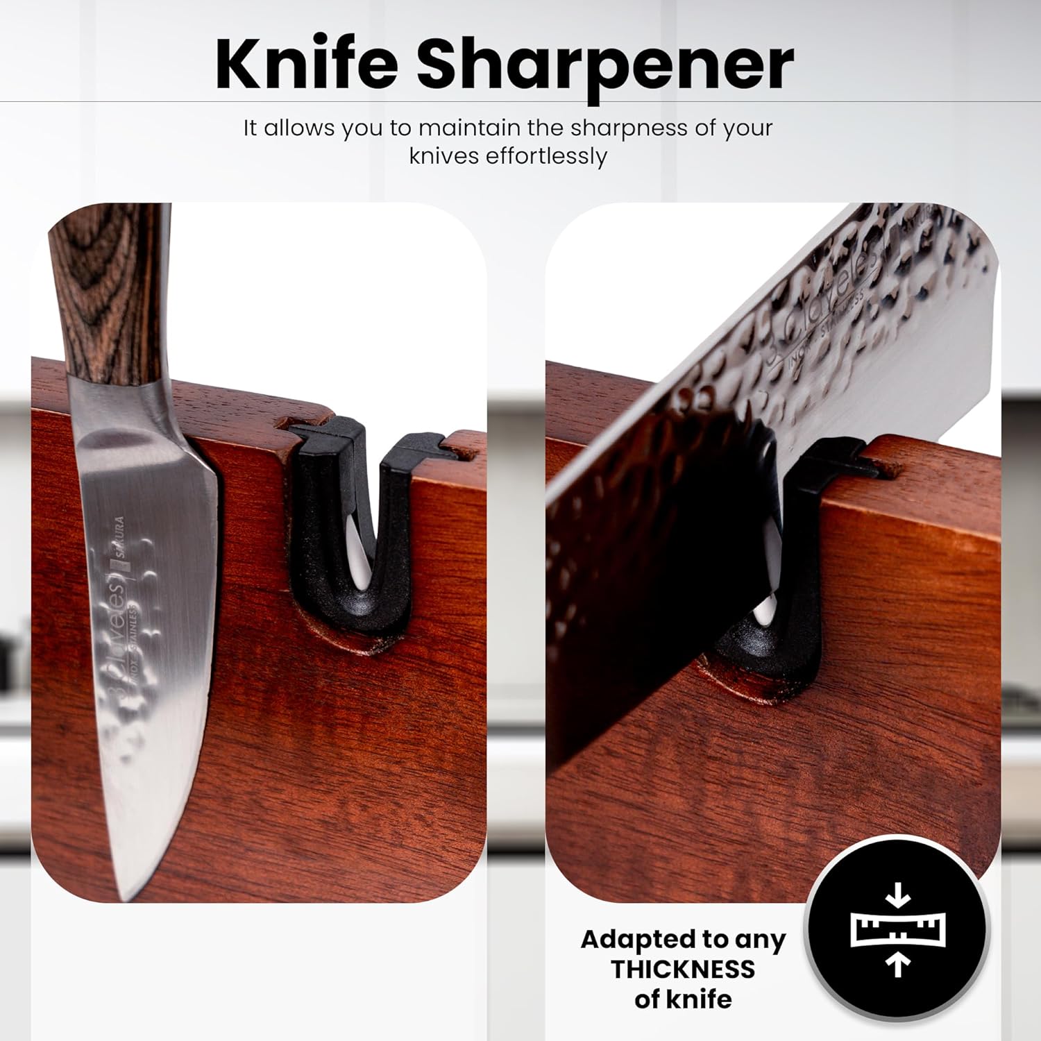 Double Sided Magnetic Knife Holder, 14 x 10 Inches Kitchen Knife Block Acacia Wood Magnetic Knife Holder Stand with Knife Sharpener Knife Block without Knives