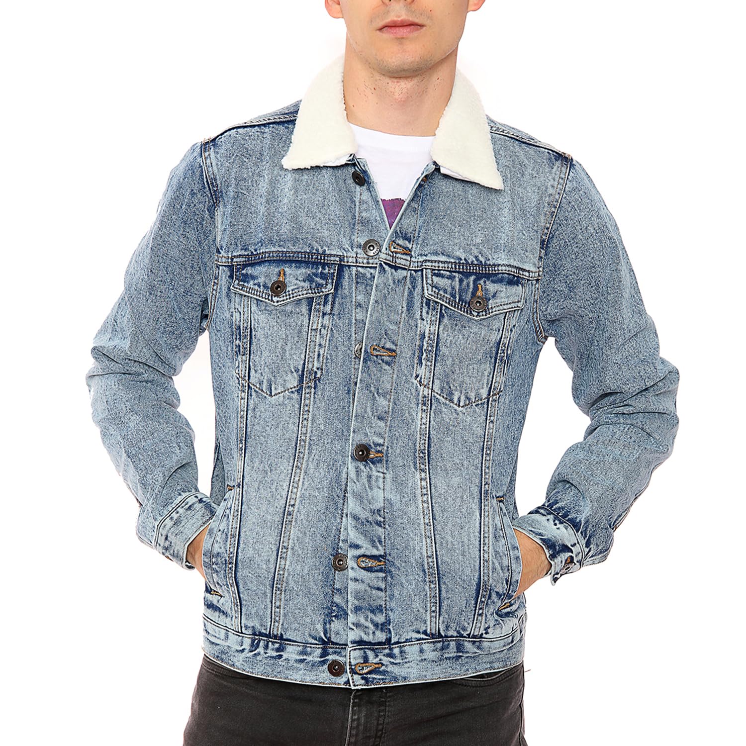 Noroze Men's Light Blue Denim Jacket With Detachable Sherpa Collar Classic Fur Jean Trucker Coat (Xxl, )