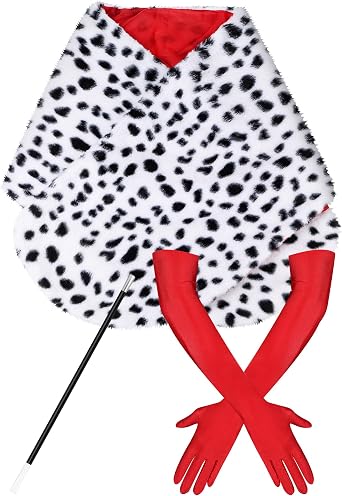 3Pcs Halloween Shawl Costume Set - Black and White Scarf, Red Elbow Gloves and Decorative Rod, Womens Dalmatian Costume Set for Parties and Cosplay