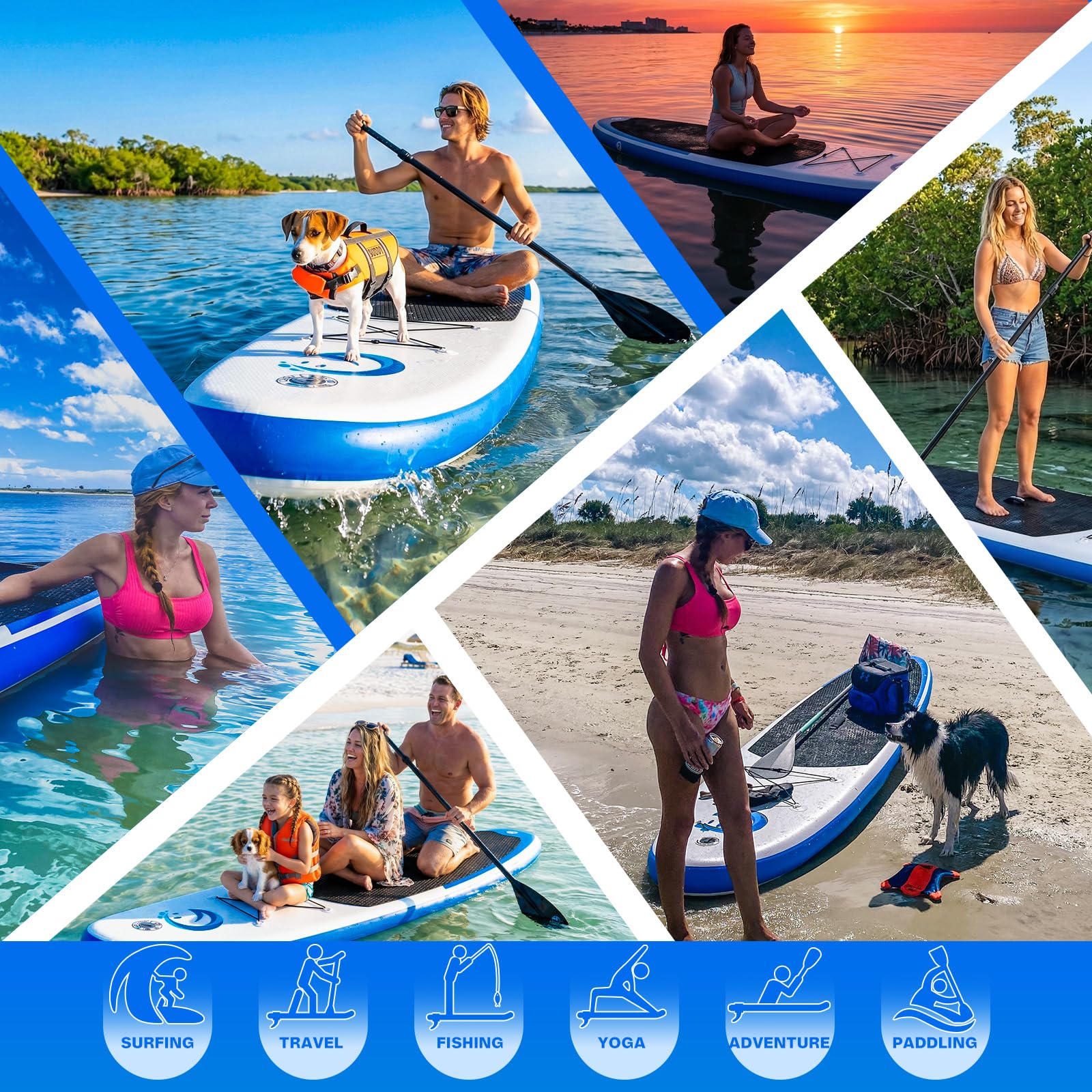 FunWater Planche Sup Gonflable Tous Niveaux Idéale Débutants et Famille Plateforme Anti Dérapante EVA Pack Complet avec Pagaie Réglable Pompe et Accessoires