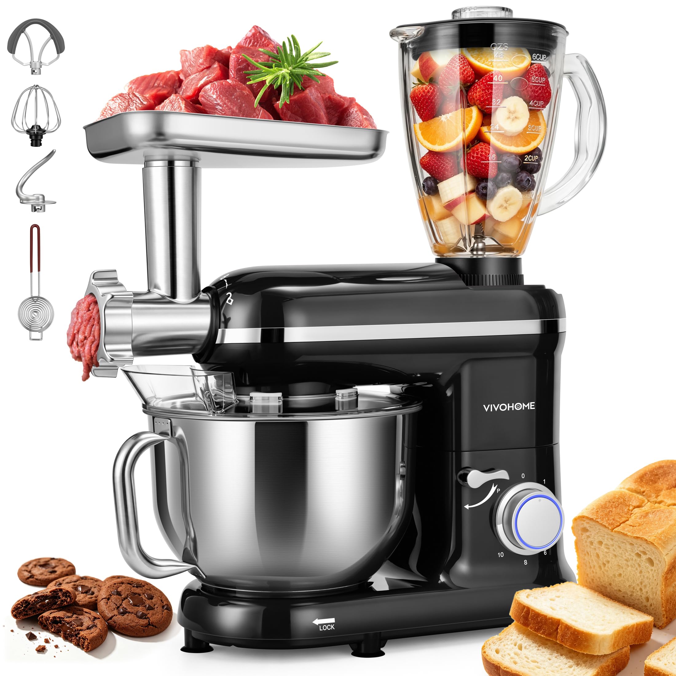 VIVOHOME 3-in-1 Stand Mixer, 6-Quart Tilt-Head Mixer, 10 Speeds, Black