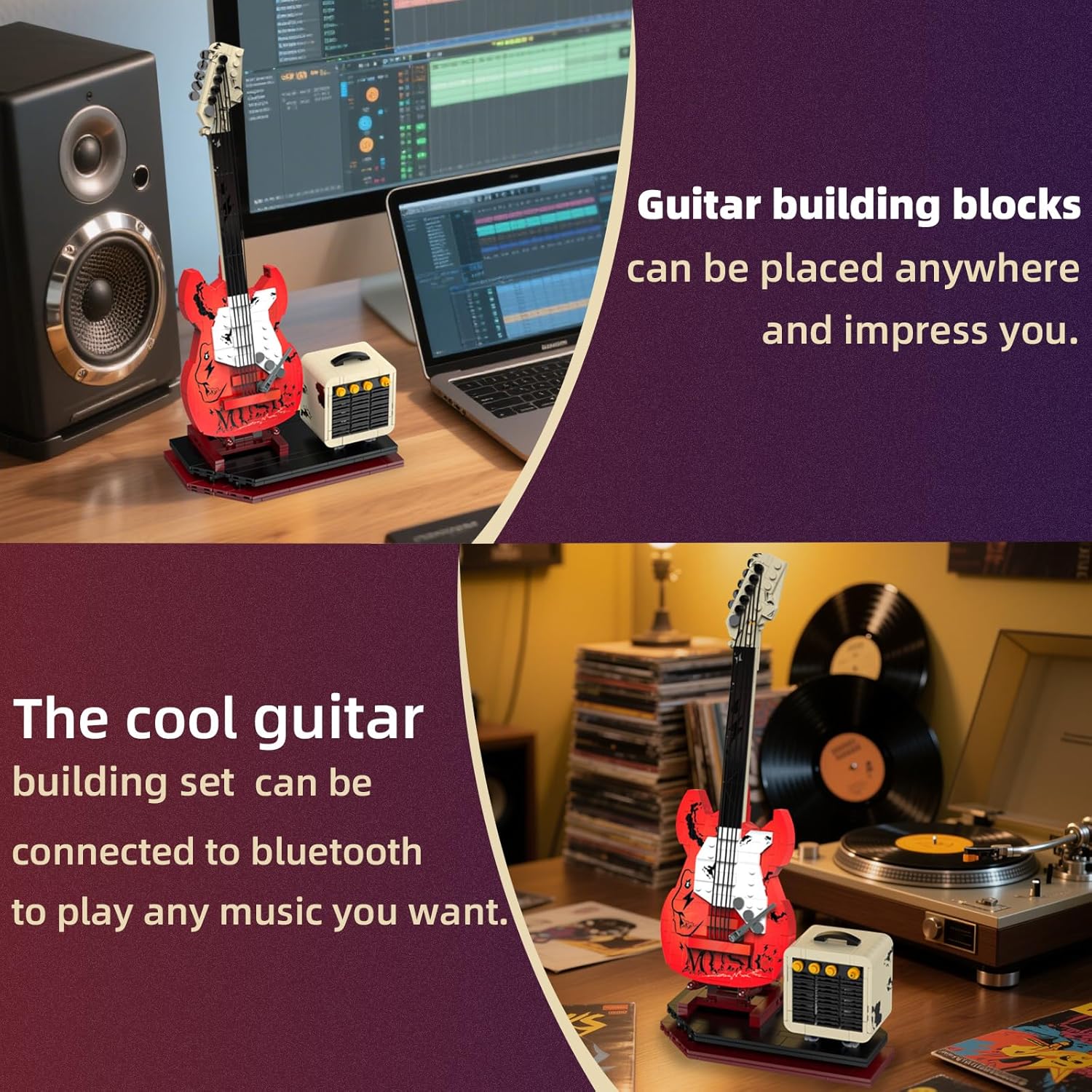 Electric Guitar Music Interactive Building Set for Music Lovers, Bluetooth Connectivity & Reverb Amplifier, Collectible Building Kit for Rockers, Adults, and Kids (500+ PCS)