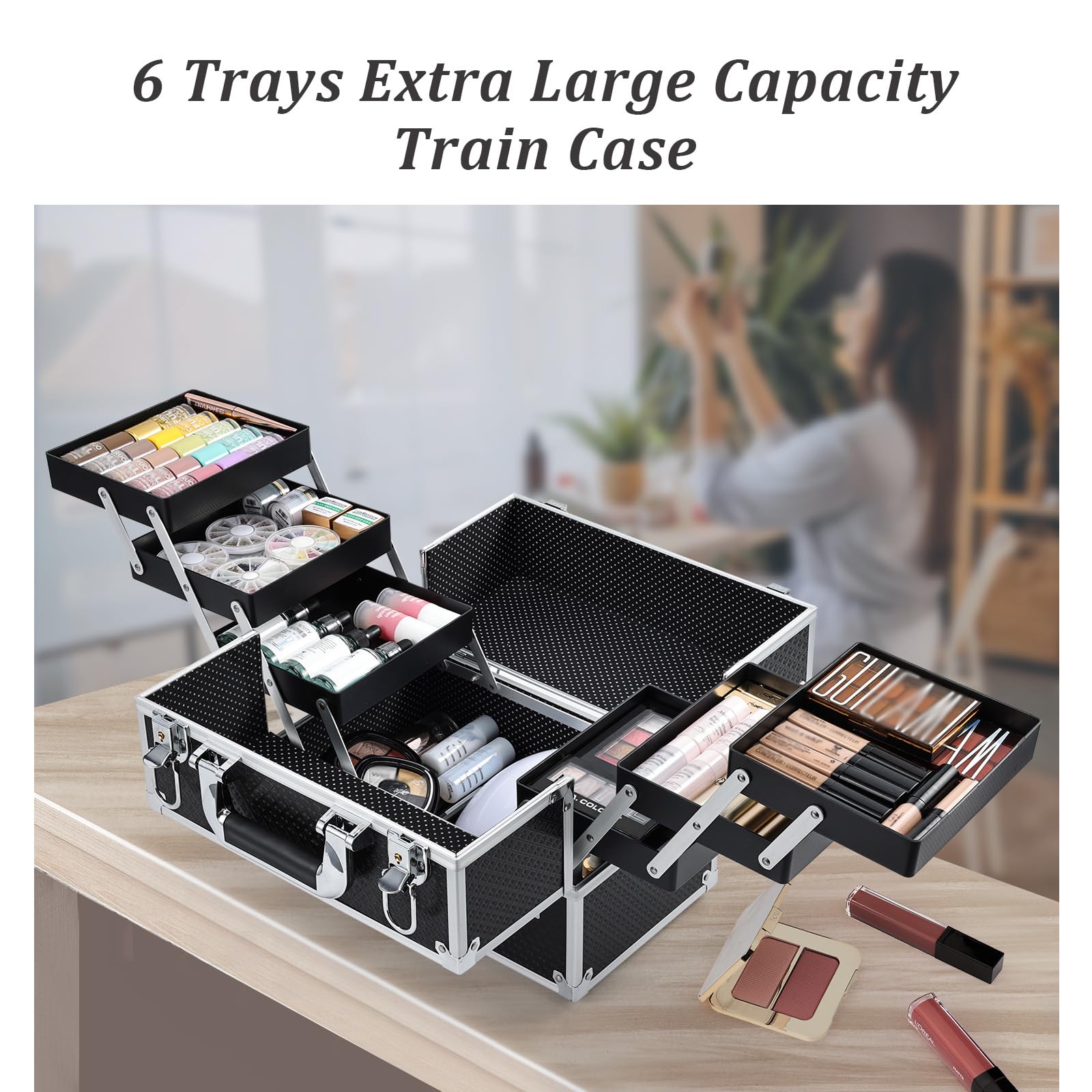 Joligrace Kosmetikkoffer Aluminiumrahmen Make up Organizer Beauty Case Schwarz