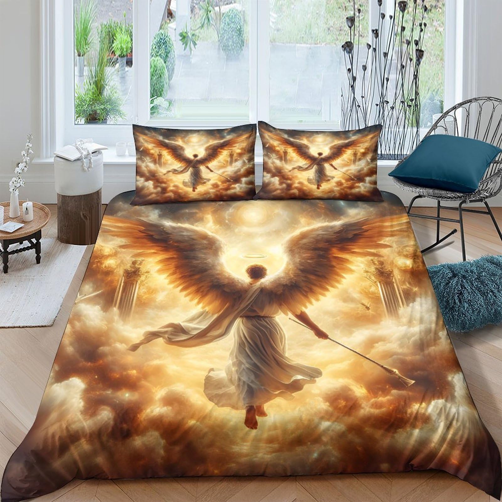 Ctjqhvkz Style-2 3D Printed Angelic Light Fitted Sheet Microfiber Soft Anti-Slip Golden Wings Bed Cover Bedroom Decor Single（135X200cm）