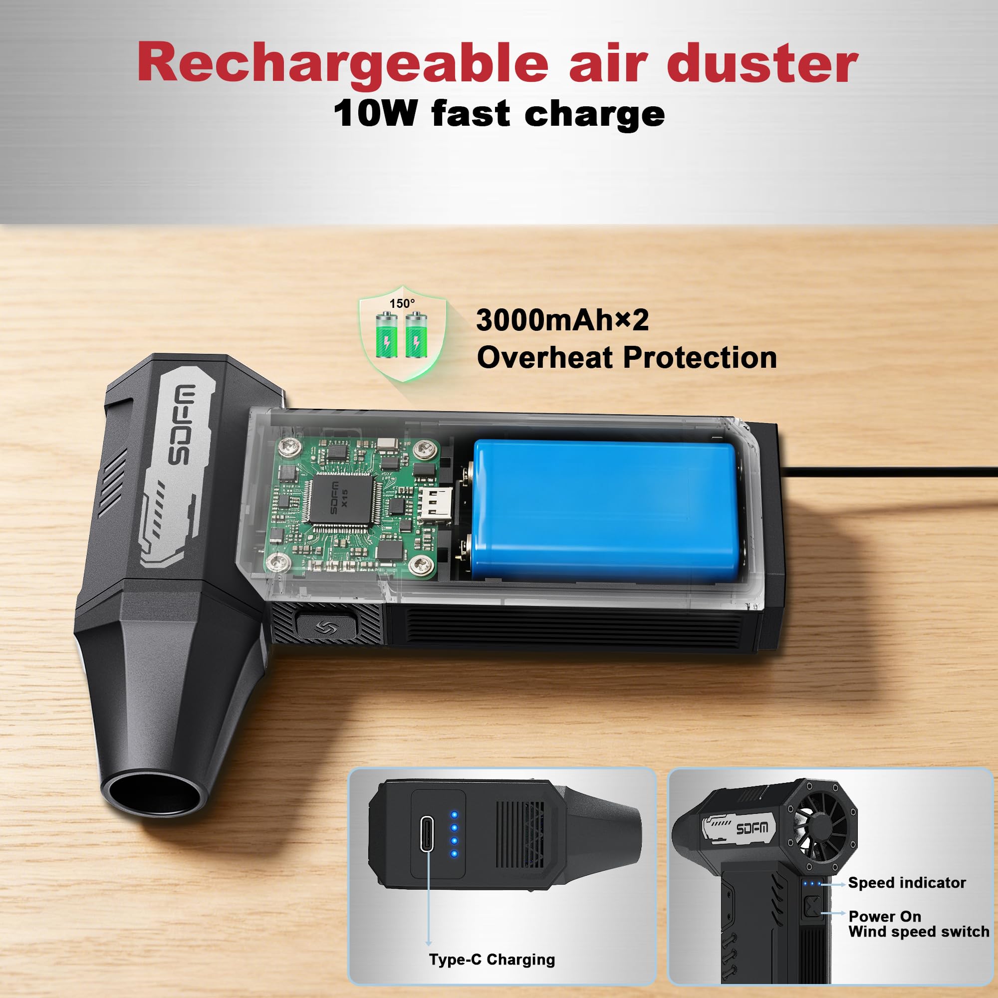SDFM - Spolverino elettrico ad aria - Regolabile 3 marce Klarstein 180.000 RPM Motore Brushless per tastiera, PC, veicoli, cuscini d'aria e pulizia Hely'ar