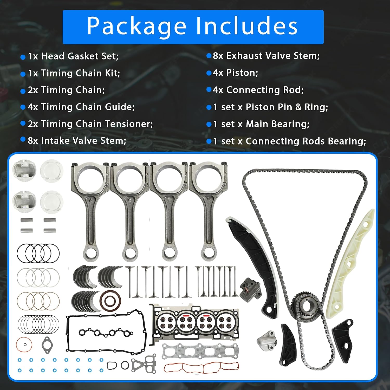 2.4 Engine Overhaul Rebuild Kit w/Timing Chain Kit Piston Con-Rods Valves Bearing Head Gasket Set Fit For Dodge Journey Caliber Jeep Compass Patriot Chrysler 200 Sebring ED3 EDG ED4 ERZ 2.4L 2007-2020
