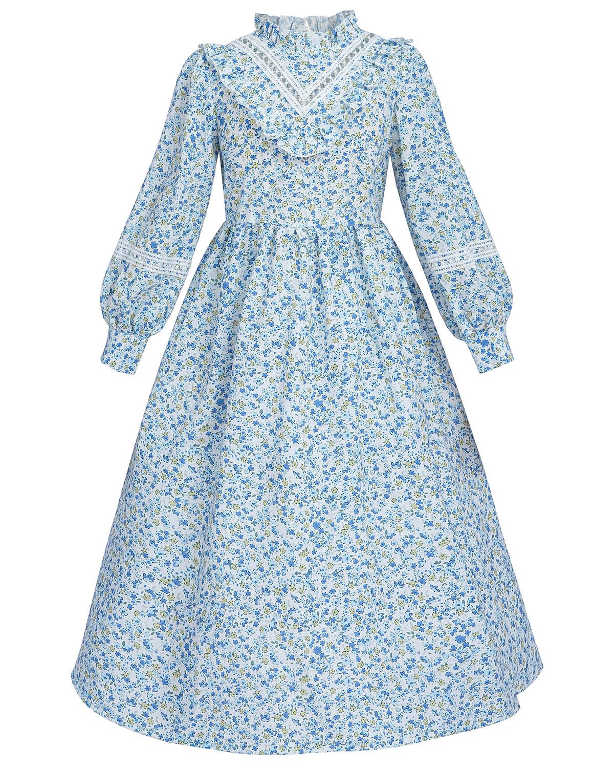 FCCAM Prairie Colonial Dress Girls Long Sleeve Pioneer Dress Costume Floral Pioneer Girl Laura Ingalls Wilder Blue XL