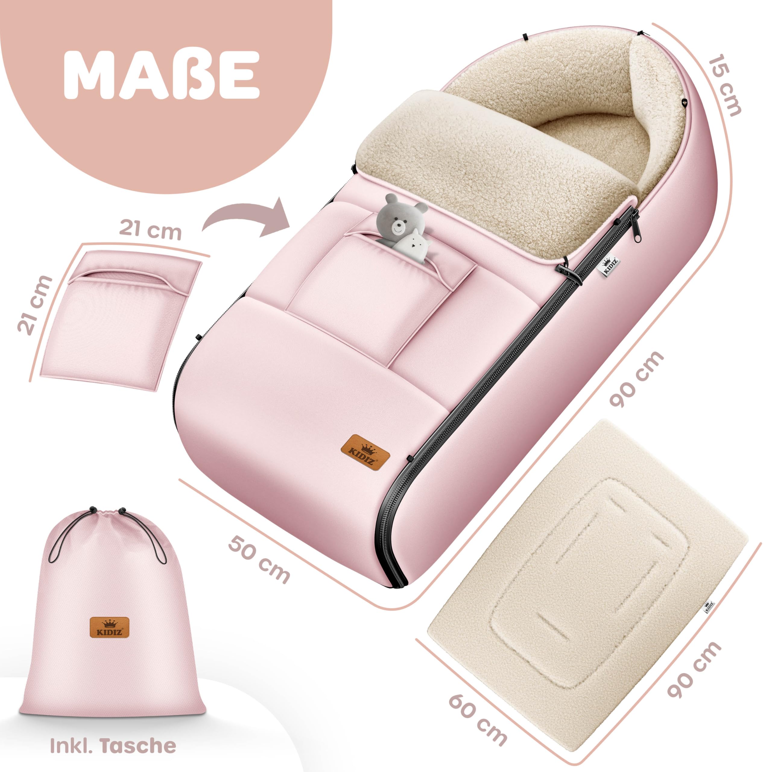 KIDIZ® Saco de Bebé de Invierno Con Cremallera, Peluche, Bolso, Manta Lavable Para Cochecito Con Cabecera, Apto Para Todos Los Cochecitos (Rosé Gold)