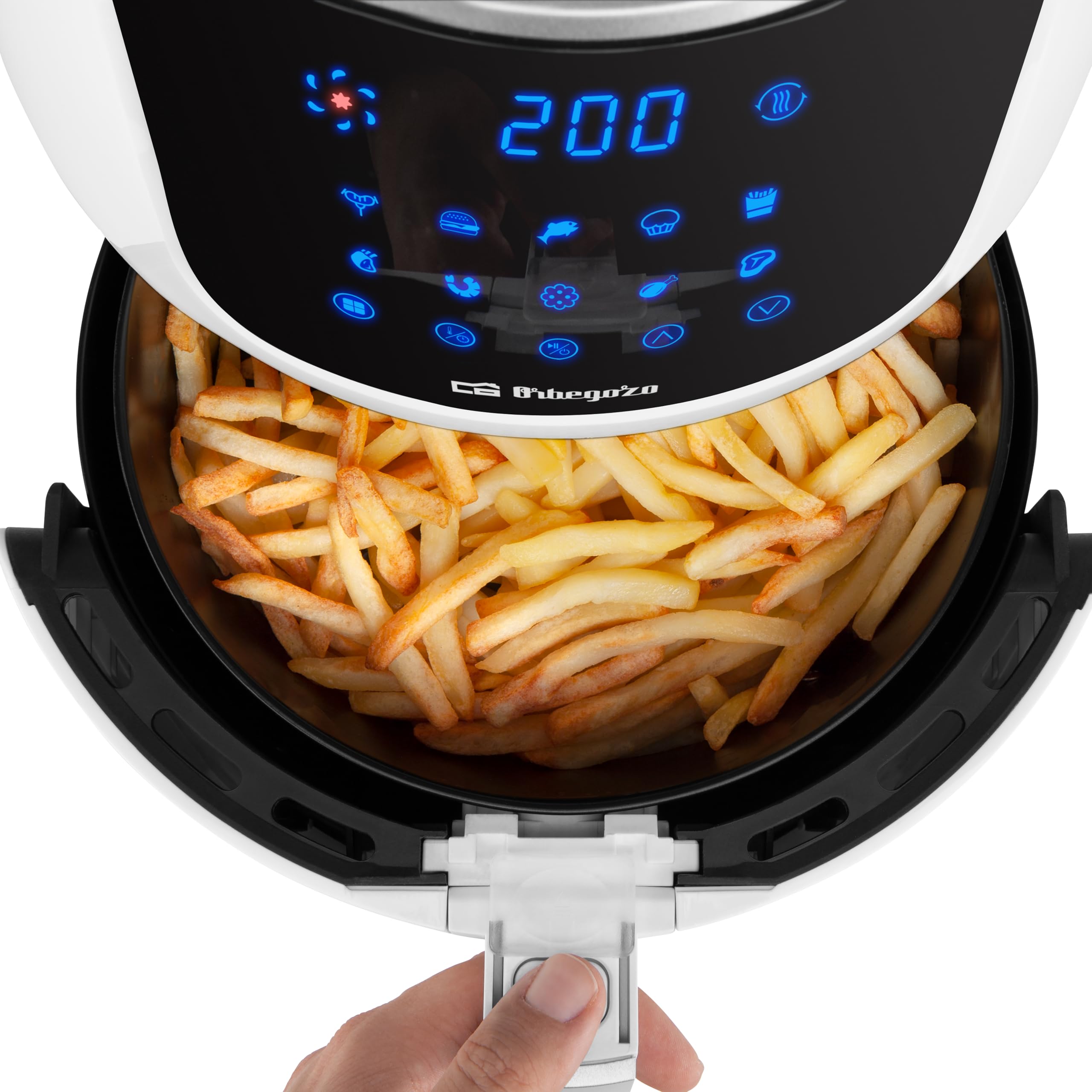 Orbegozo FDR 64 Freidora de Aire 4L, 1500W, 10 Programas, Pantalla LED Táctil, Termostato Digital hasta 200°C, Temporizador 60 min, Cubeta Extraíble Apta Lavavajillas, Sin BPA