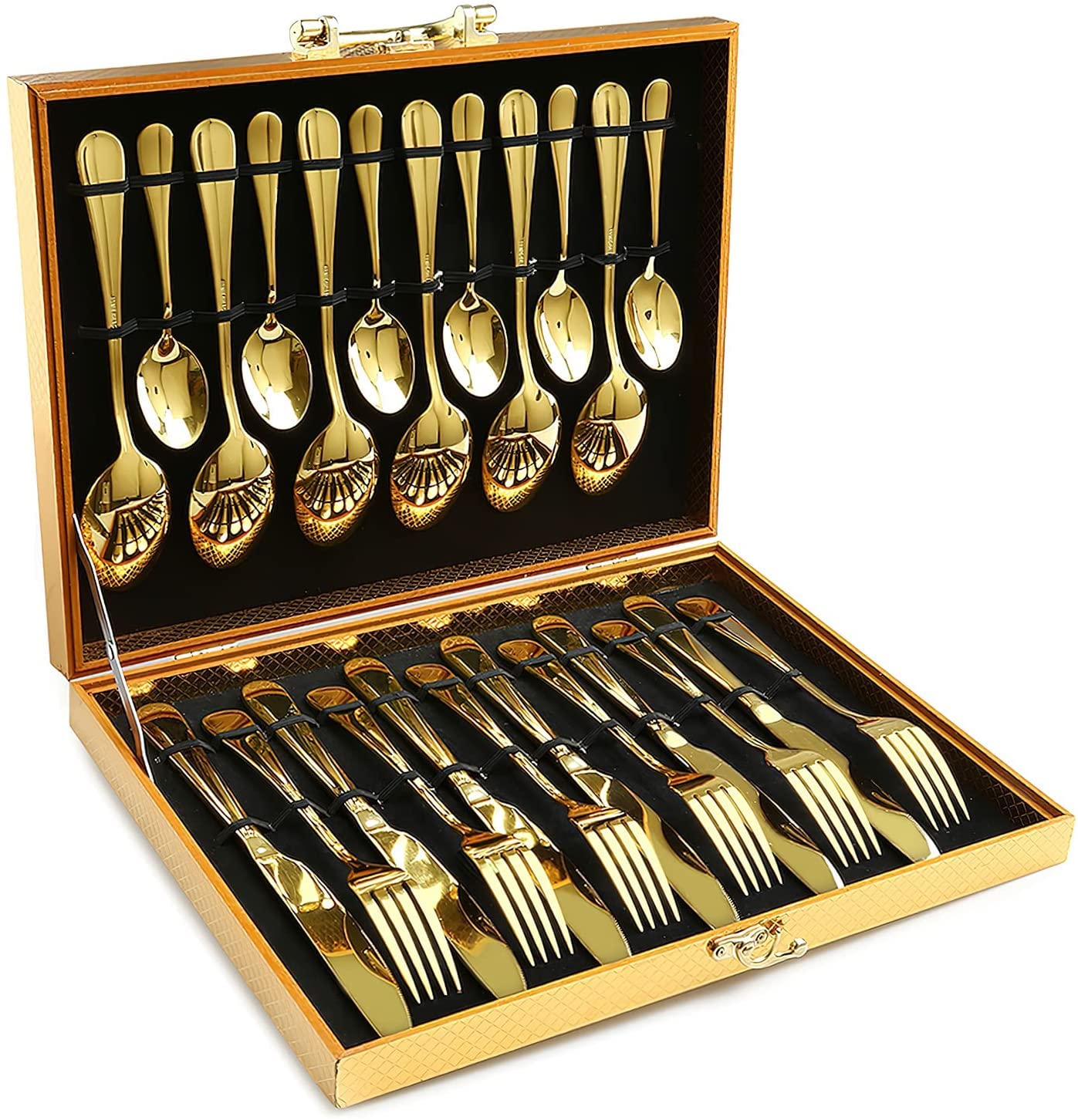 Gold Silverware Set, 24PCS Gold Forged Stainless Steel Flatware Set, Tableware Service for 4, Kitchen Utensil Set for Home, Restaurant, Dishwasher Safe, Western Cutlery Knife, Fork Spoon Gift Box Set