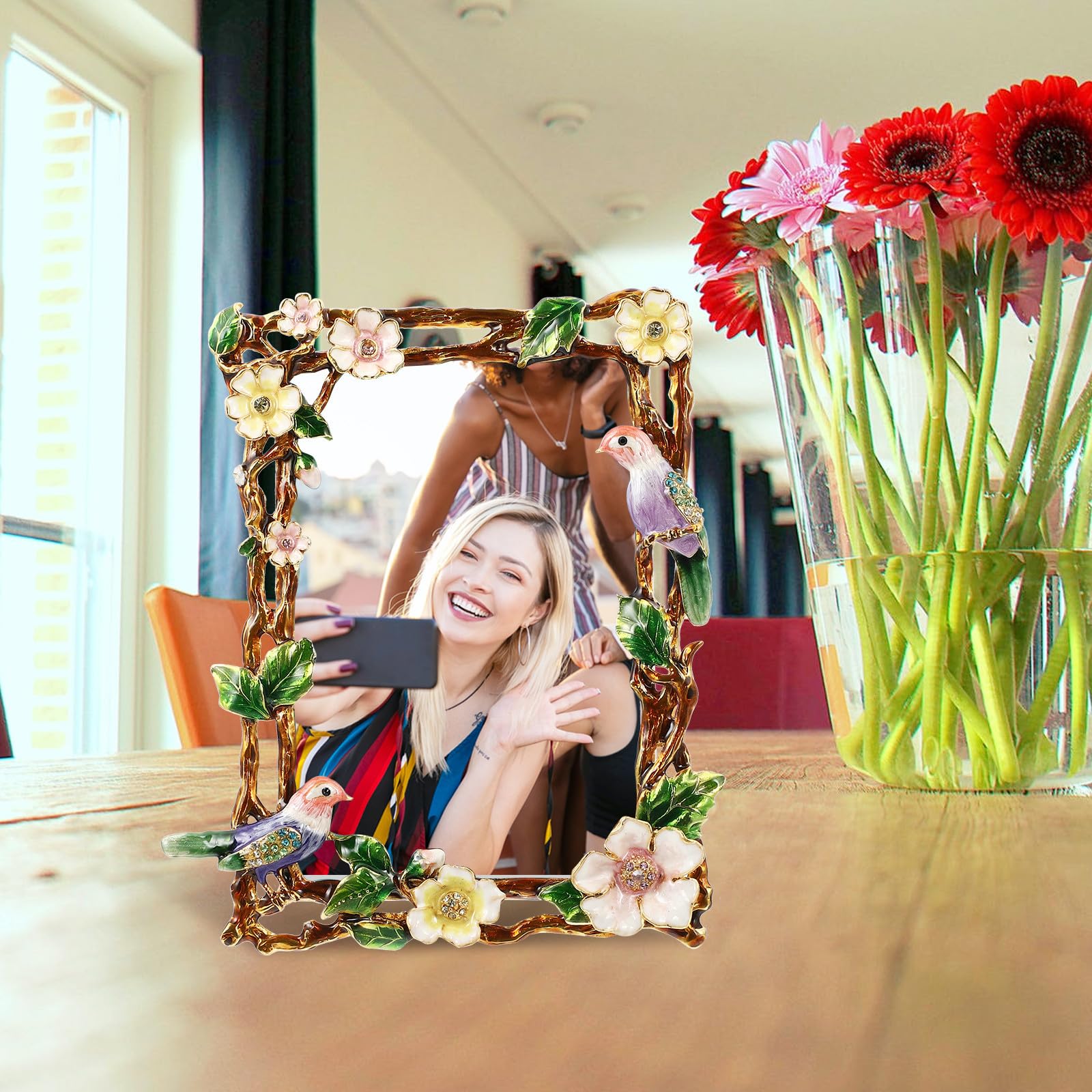 Europäischer Bilderrahmen mit Blumen und Vogelmotiv aus Zinklegierung Langlebig und Sicher als Tischdekoration im Wohnzimmer oder Regal