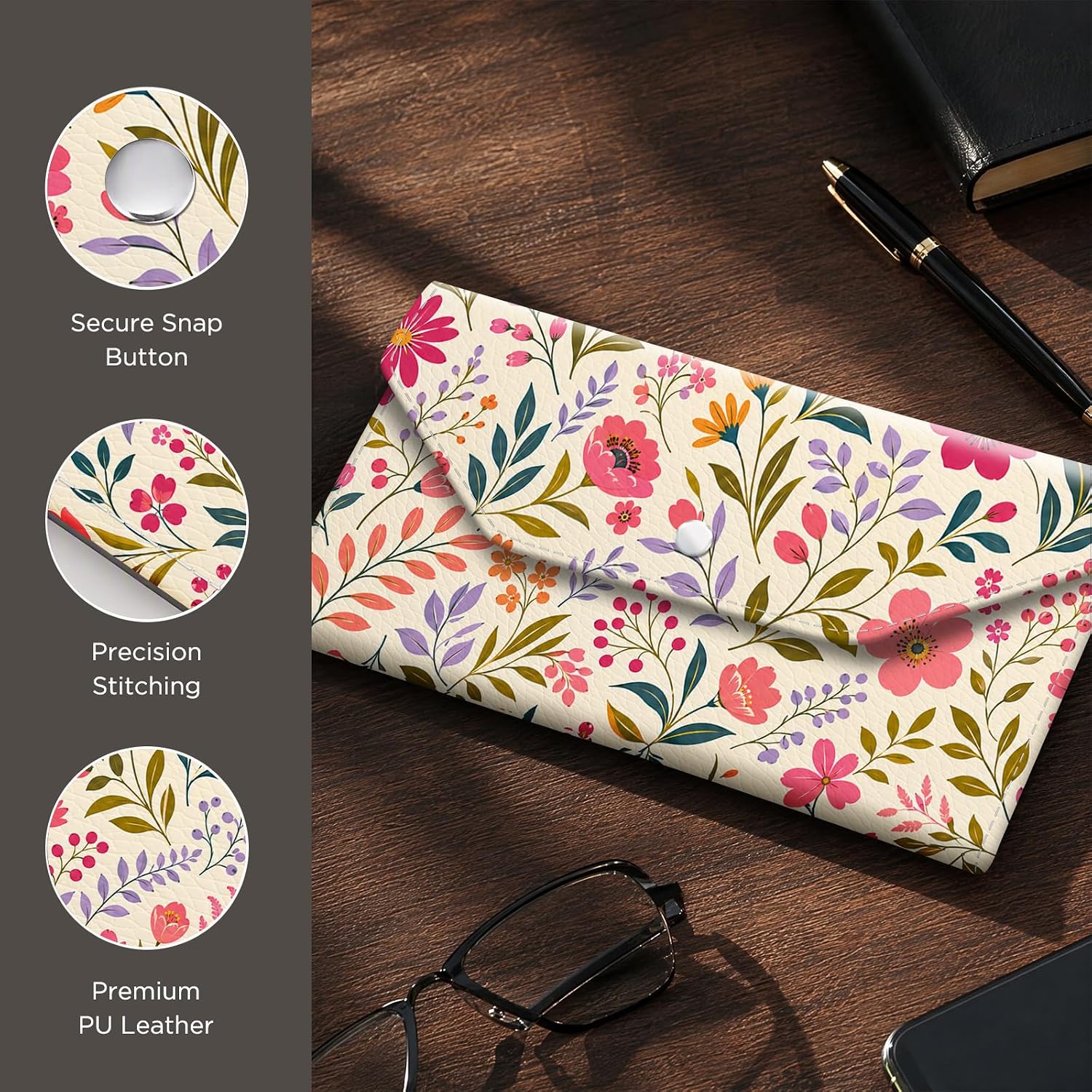 Cash Envelope Wallet Cute PU Leather Envelopes Bag for Men and Women, Reusable Budget Pouch for Budgeting Billing, Pink Wildflower image 5