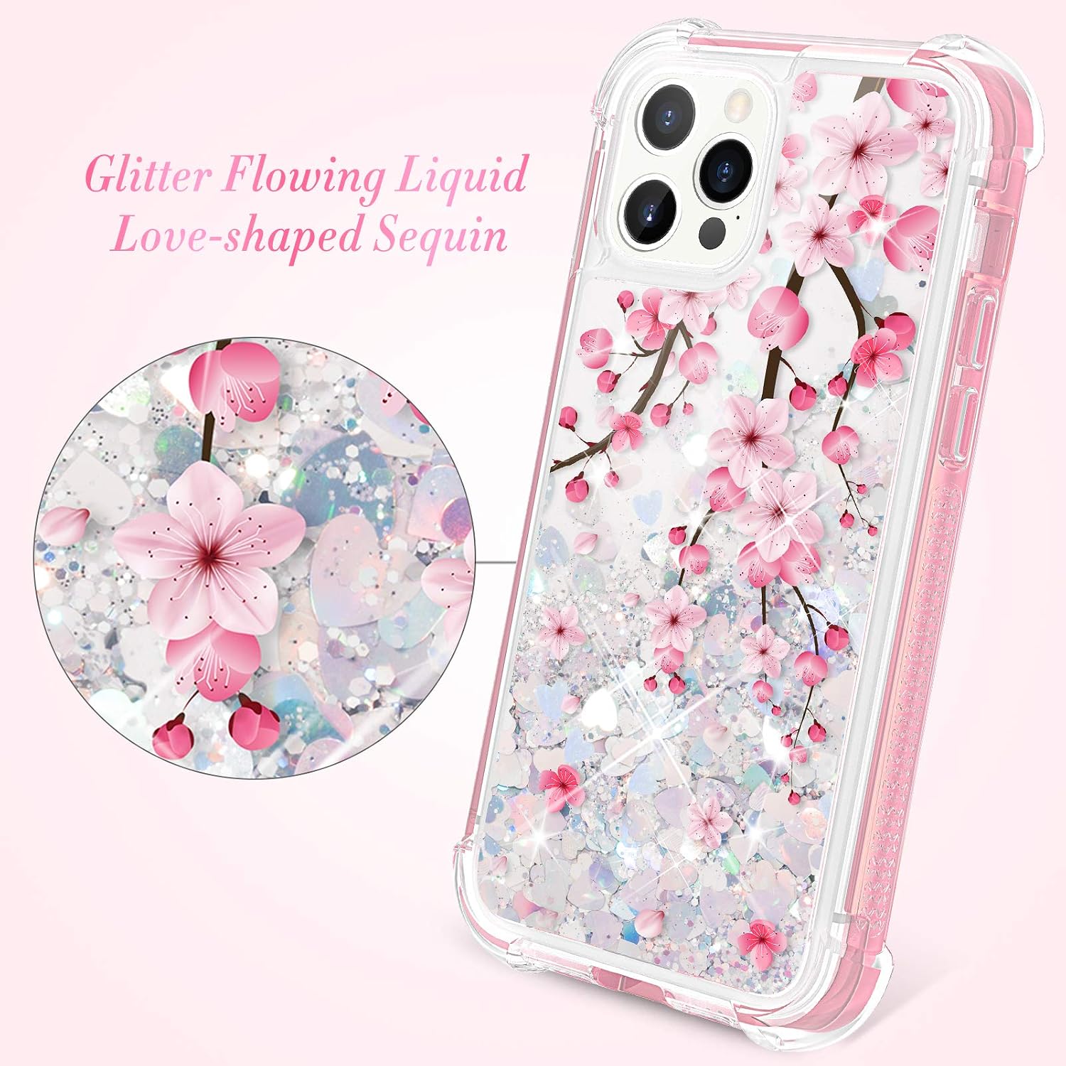 Caka for iPhone 12 Pro Max Case Glitter Flower Full Body with Built-in Screen Protector Liquid Girly Girls Women Flowing Quicksand Bumper Shockproof Blossom Case for iPhone 12 Pro Max (Cherry)
