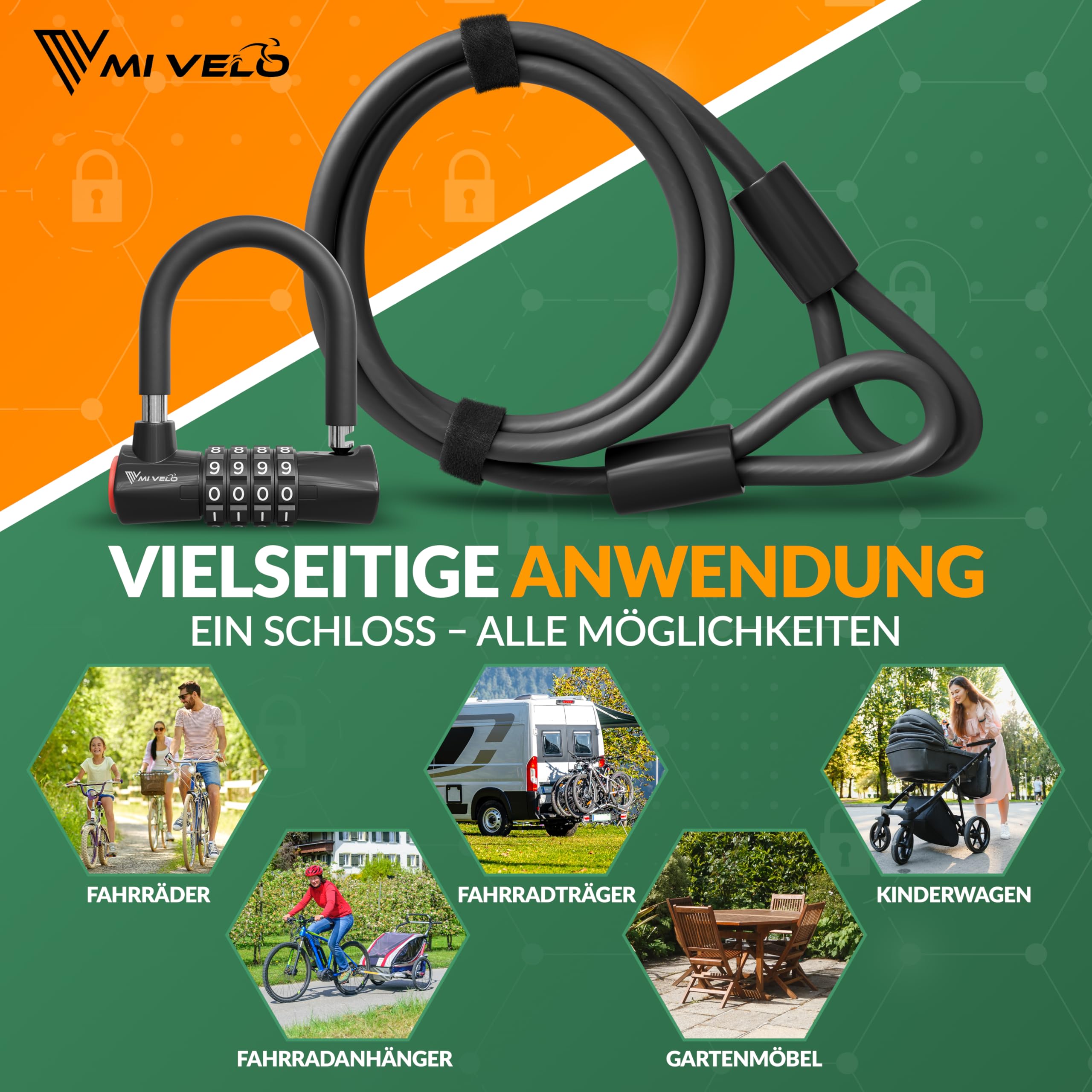 MIVELO Fahrradschloss Kabelschloss 2M lang mit Zahlencode - Schloss mit Stahlkabel für Fahrrad, Gartenmöbel uvm. - 200cm Zahlenschloss mit 10.000 möglichen Kombinationen (2 Meter mit Zahlencode)