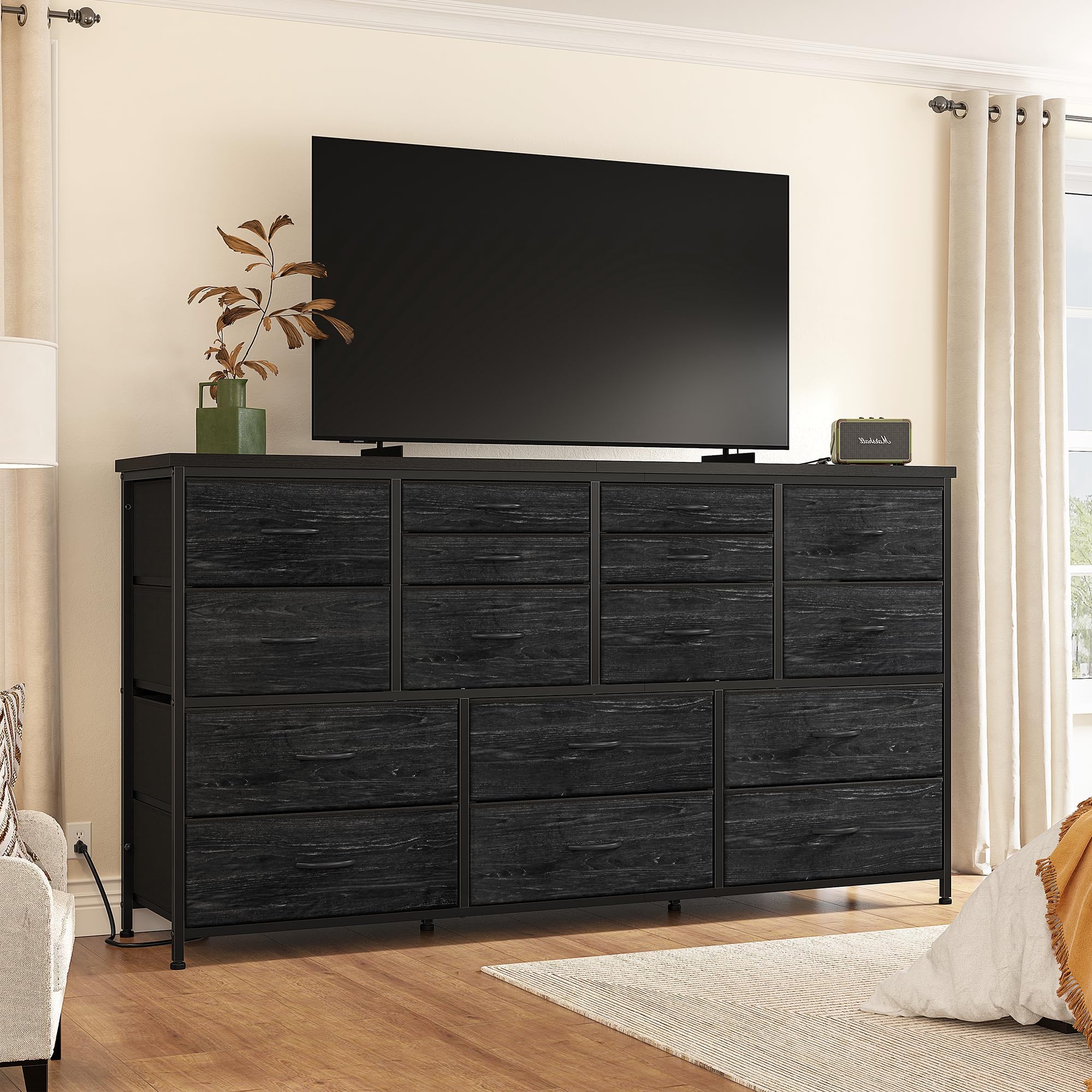 - 16 Drawers Long Dresser for Bedroom, 51"W Dressers with Power Outlets for 60"Inch TV for Living Room, Entertainment Center with Storage, Media TV Stand Console Table 51.1''W*11.8''D*34.8''H, Black