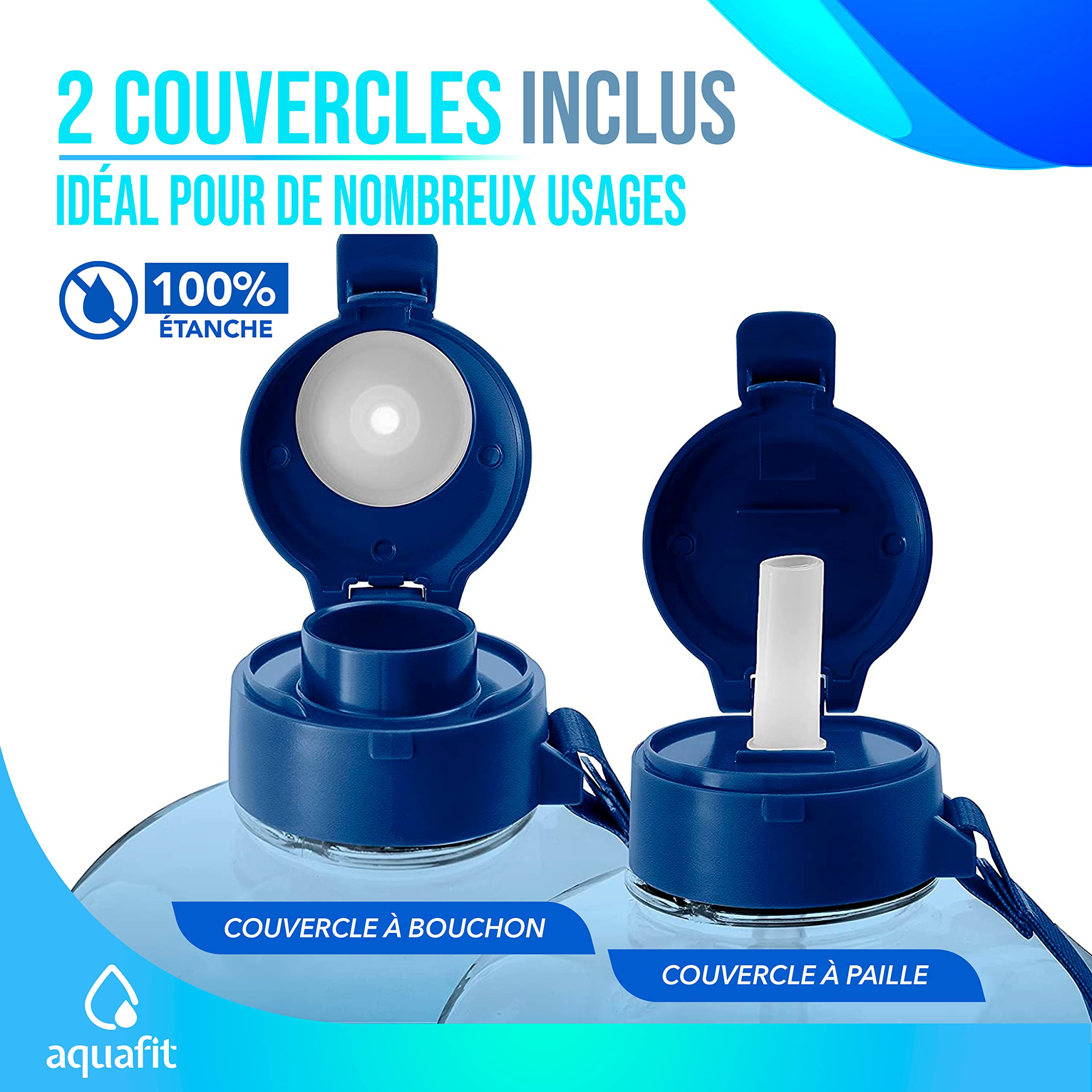 AQUAFIT Gourde 2l (2300 ml) avec Paille - Gourde graduée pour 1 Journee - Gourde Motivation - Bouteille d Eau Motivante avec Poignée - Idéale pour Transporter