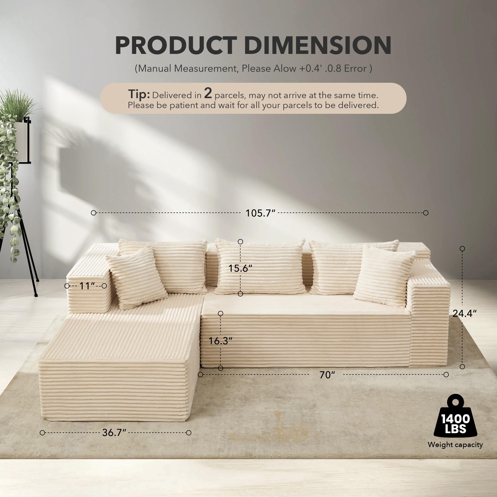 GarveeHome Gemütliches Cloud Ecksofa – 106" Modulares L-förmiges Sofa für Wohnzimmer – Tiefe Sitzfläche, Boneless Design, linksseitige Chaise, Cord-Stoff, 5 Kissen, kein Aufbau nötig – Beige