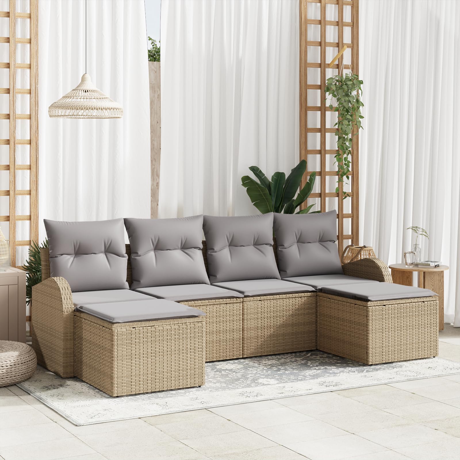 Juego de 6 sofás de jardín con cojines beige de polirratán para exteriores, sofá de jardín modular acogedor y acolchado