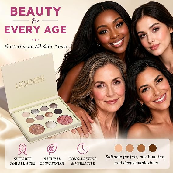 UCANBE Baked Makeup Palette Set - Include Blush, Highlighter, Bronzer, 8 Eyeshadows & Brushes, Pigmented All-in-One Face & Eye Powder Pallet Full Size Holiday Beauty Gift Kit, Travel Friendly
