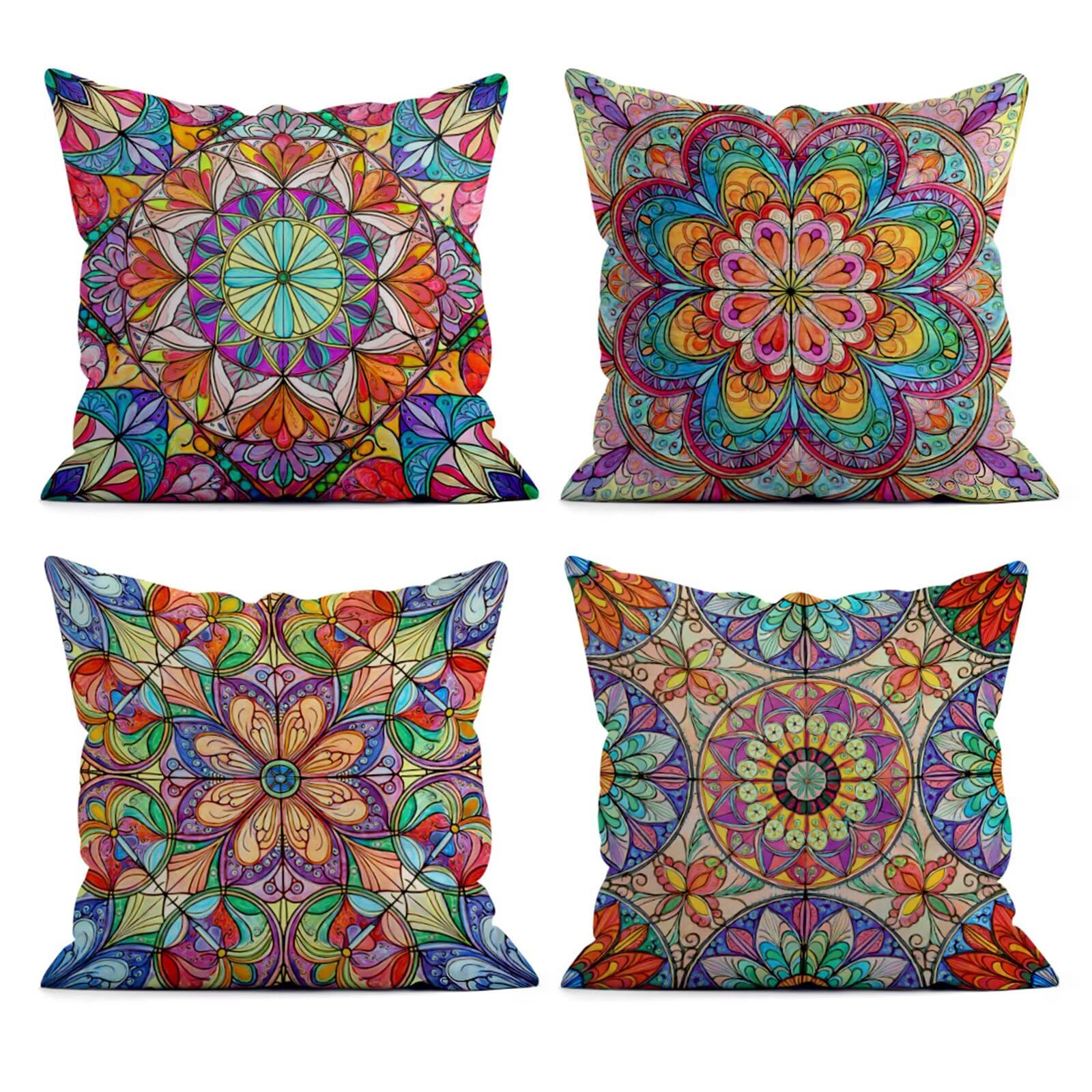 QiHon Colourful Bohemian Cushion Covers 30x30 cm Set of 4, Decorative Throw Pillow Cases, 12x12 inch Square Linen Pillowcases for Sofa Living Room Bedroo