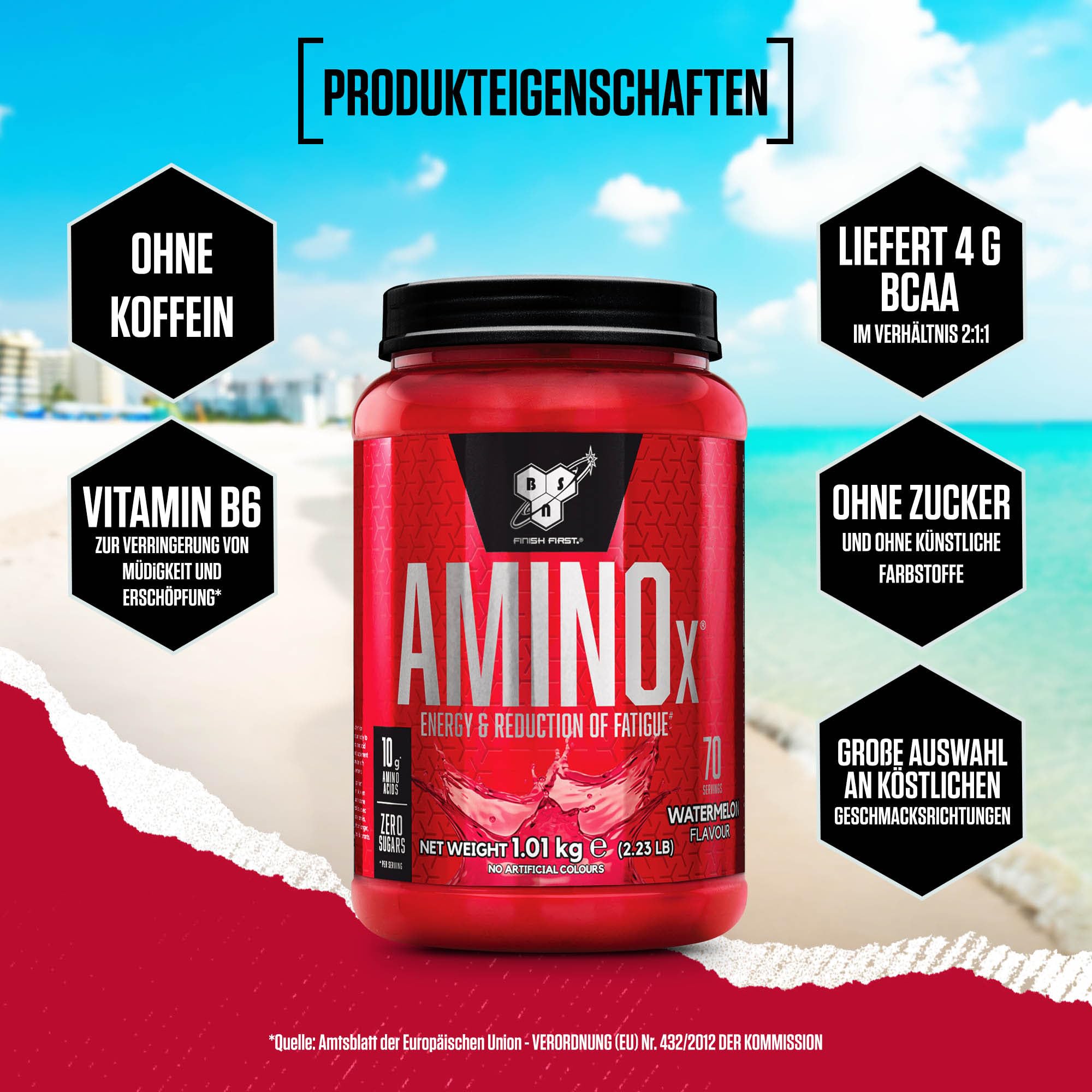 BSN Nutrition Amino X Supplement mit Vitamin D, Vitamin B6 und Aminosäuren, Wassermelone-Geschmack, 70 Portionen, 1kg