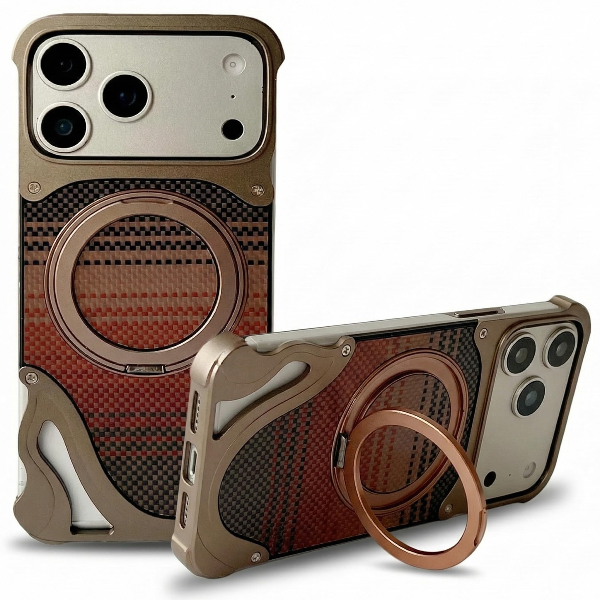 Funda de Aluminio sin Marco para iPhone 17 Pro, Anillo Magnético y Soporte Giratorio de 360°, Textura Estilo Fibra de Carbono, Perfil Ultradelgado, Compatible con Magsafe, Desierto