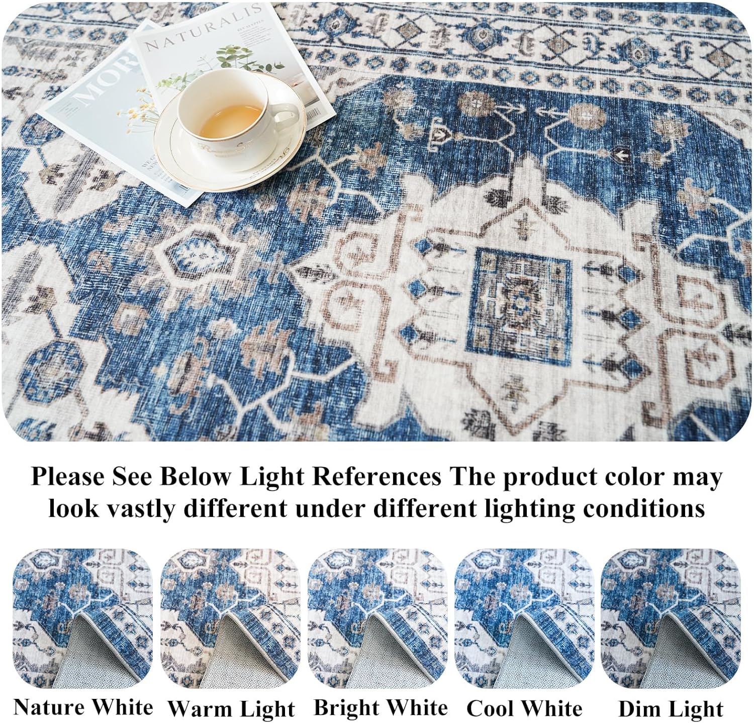 Washable 4x8 Hallway Runner Rug: Vintage 8ft Soft Runners for Entry Kitchen Wide Low Pile Carpet with Non-Slip Backing for Living Room Bedroom Thin Bathroom Carpet for Dining Room Foyer（4x8,Blue - Image 8