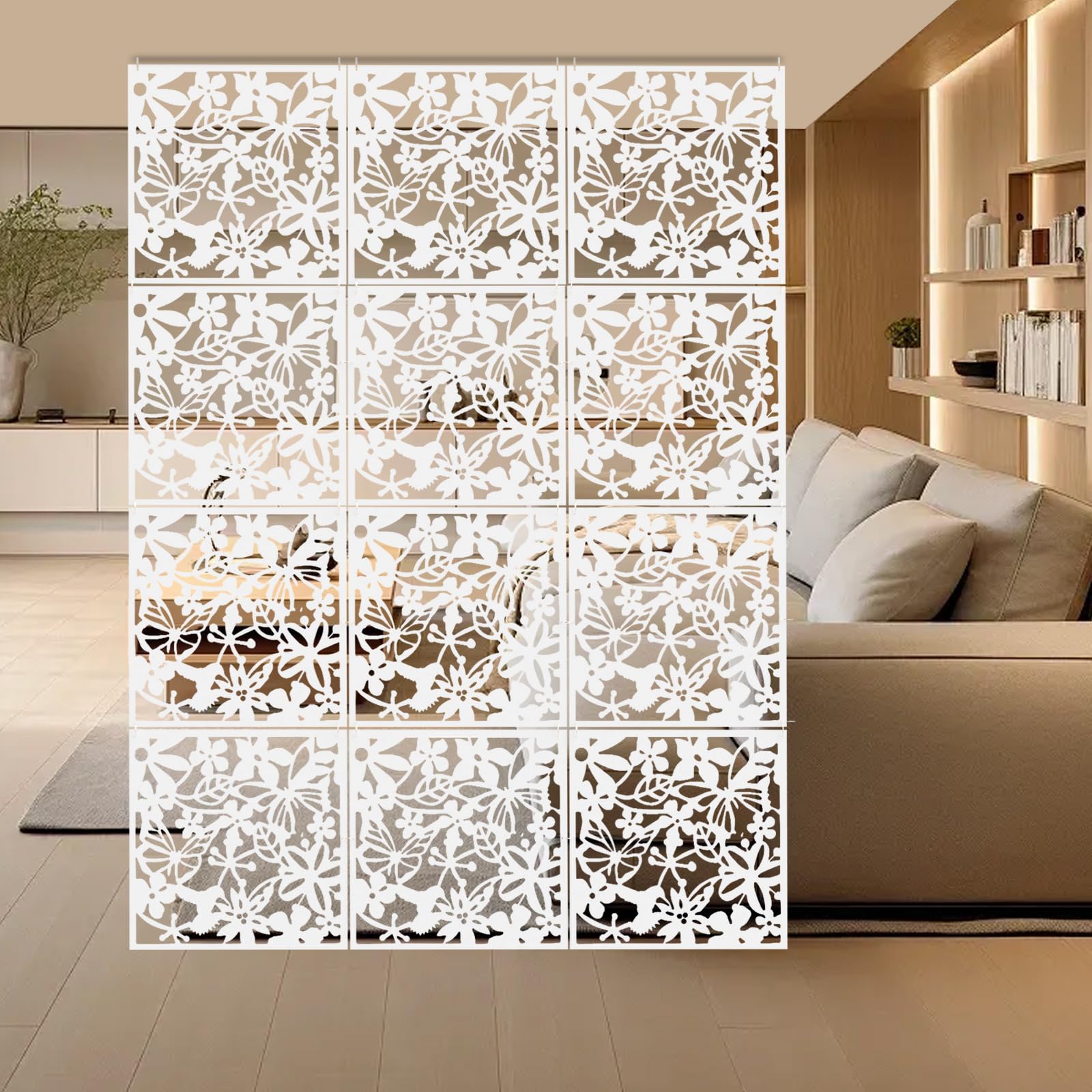 12Pcs Folding Paravent Room Divider, Hollow Carving Partition Wall Room Dividers, Hanging Folding Privacy Screen, Partition Separator White 40 * 40 * 0.127cm